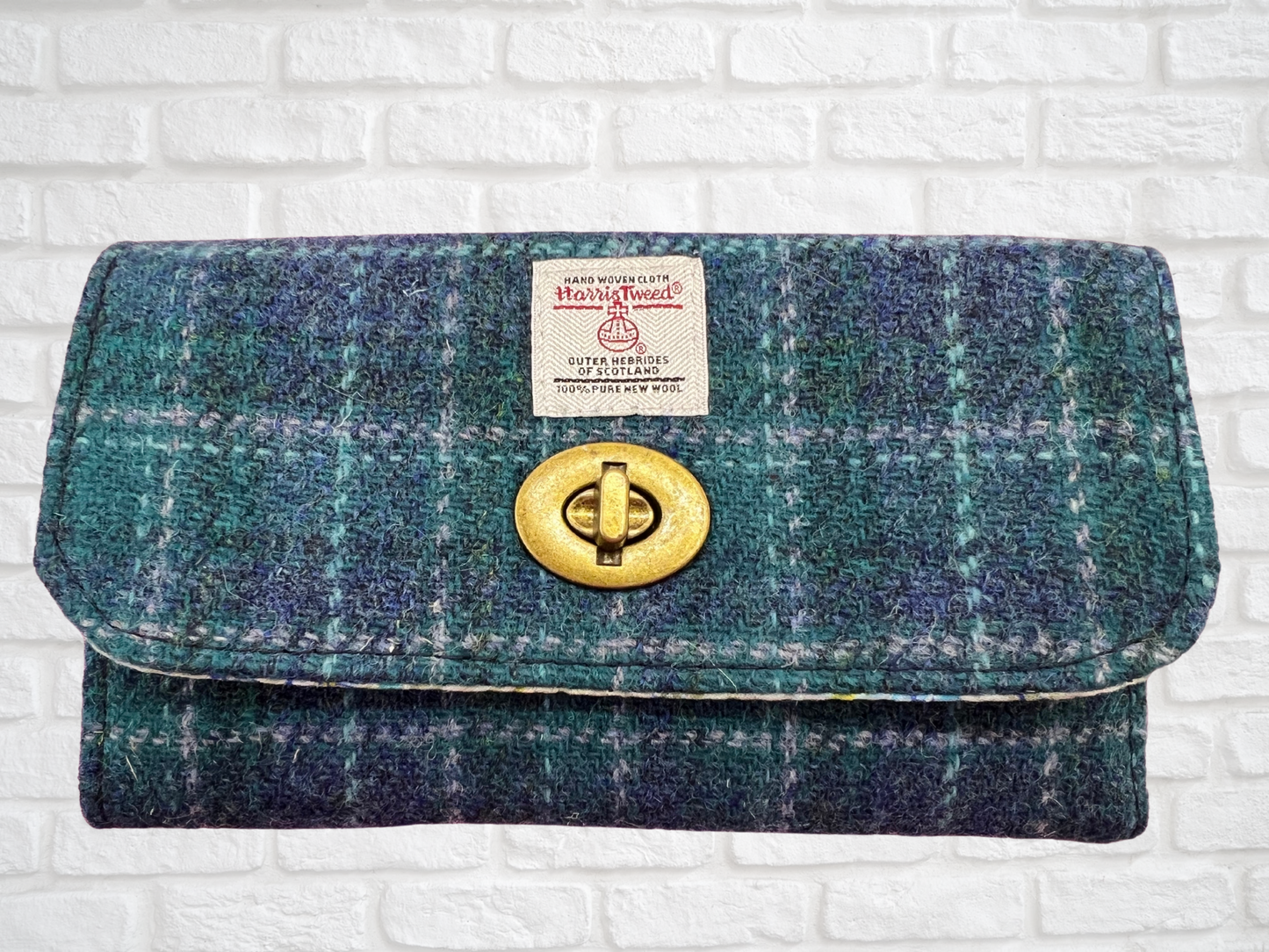Trifold Harris Tweed Wallet with Twist Lock Closure Blue Plaid