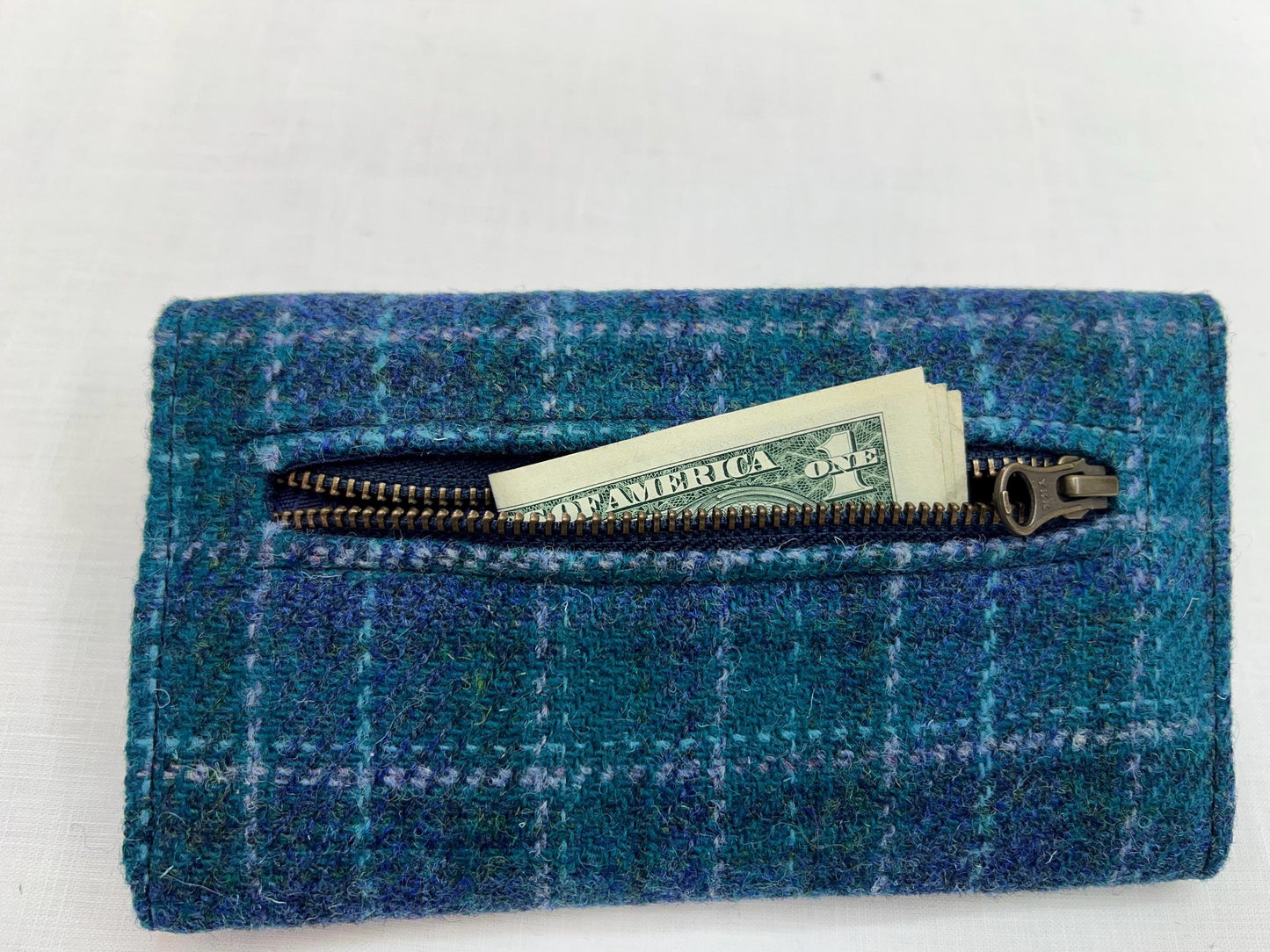 Trifold Harris Tweed Wallet with Twist Lock Closure Blue Plaid