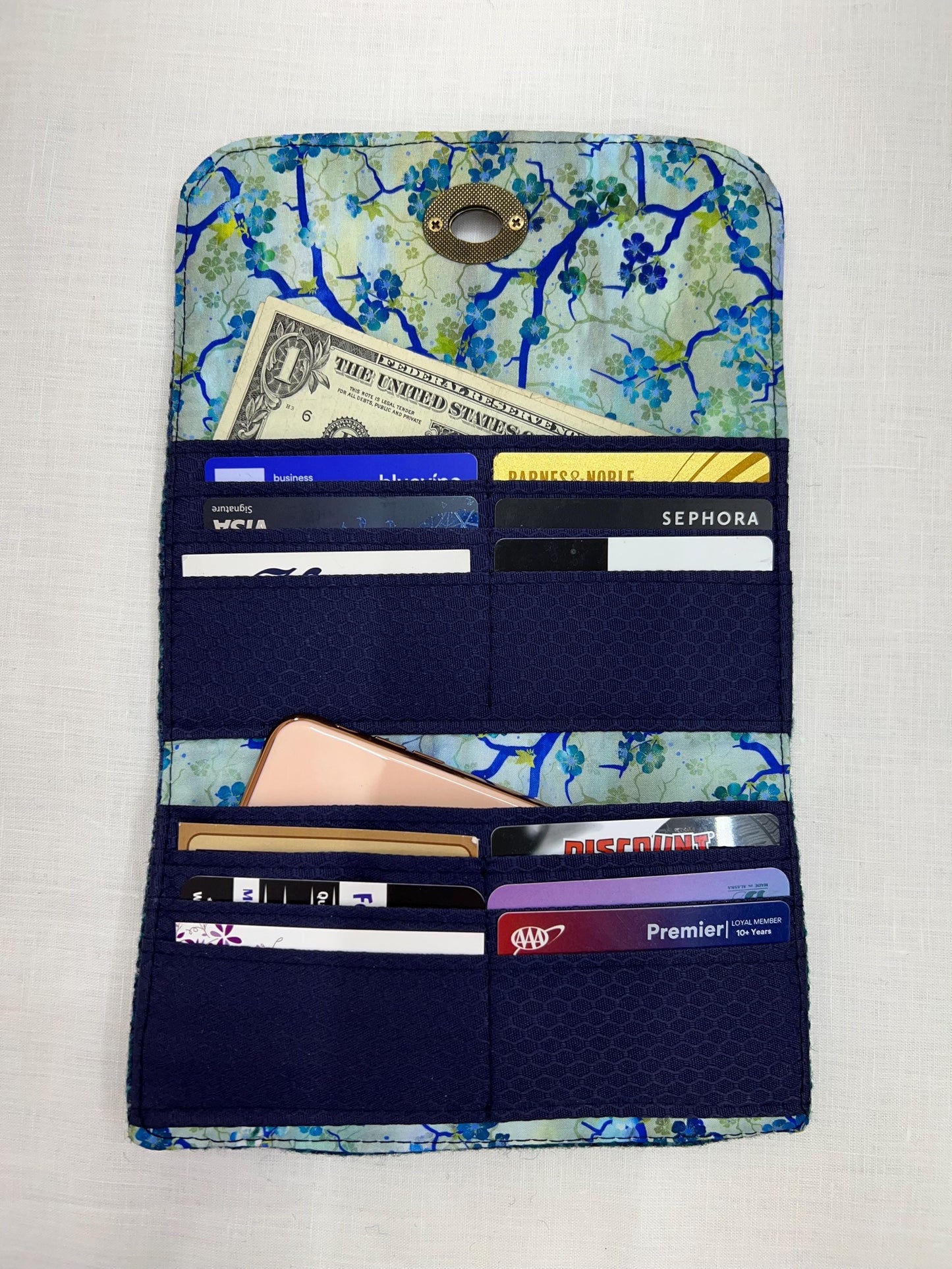 Trifold Harris Tweed Wallet with Twist Lock Closure Blue Plaid