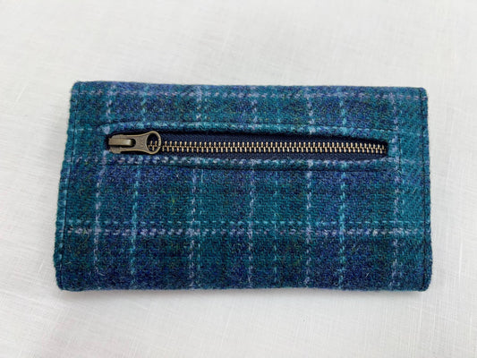 Trifold Harris Tweed Wallet with Twist Lock Closure Blue Plaid