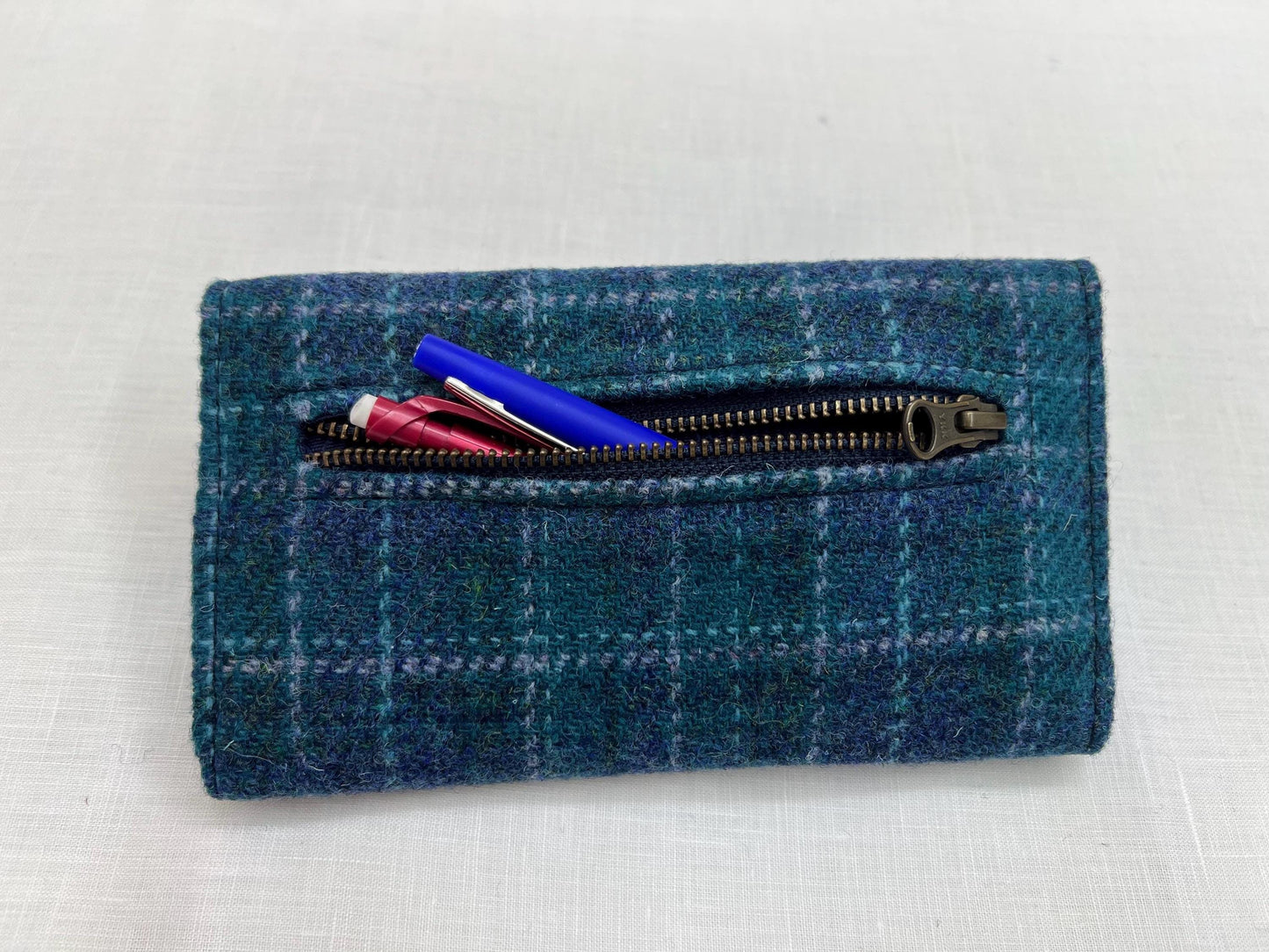 Trifold Harris Tweed Wallet with Twist Lock Closure Blue Plaid