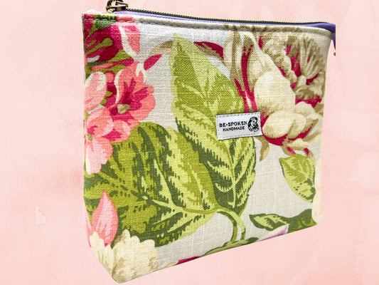 Handmade Large Print Floral Zipper Pouch, Women's Botanical Cosmetic Bag with Waterproof Lining, Make-up Toiletry Kit Gift for Her