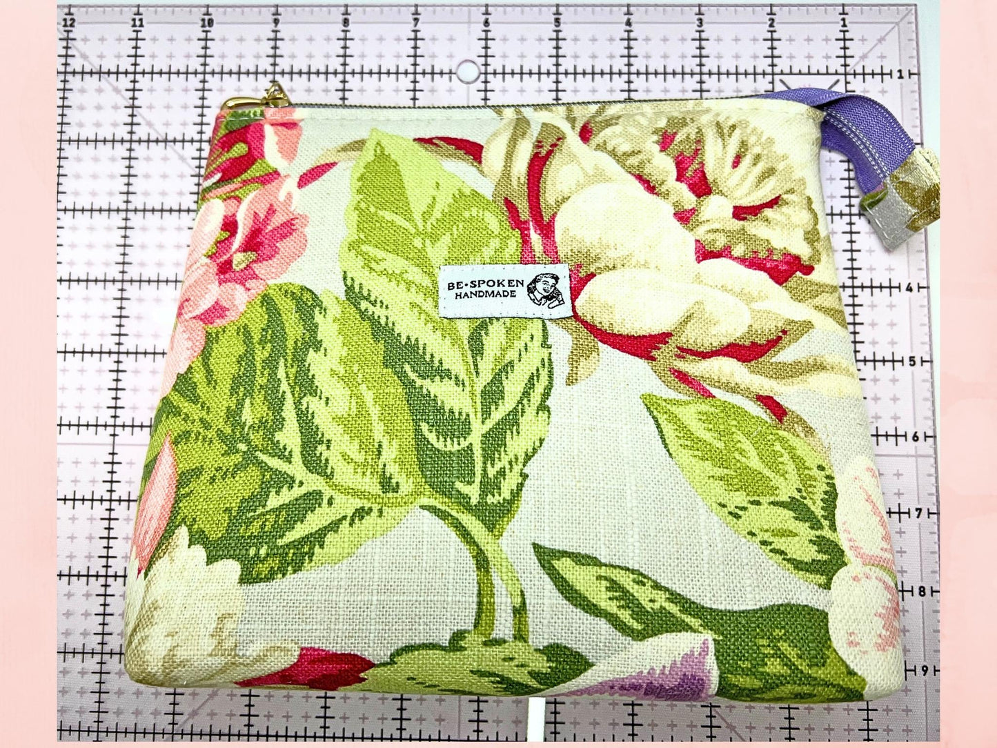 Floral Zipper Pouch | Handmade Linen/Cotton Blend Makeup Bag | Vintage Botanical Cosmetic Bag | Be•Spoken Handmade