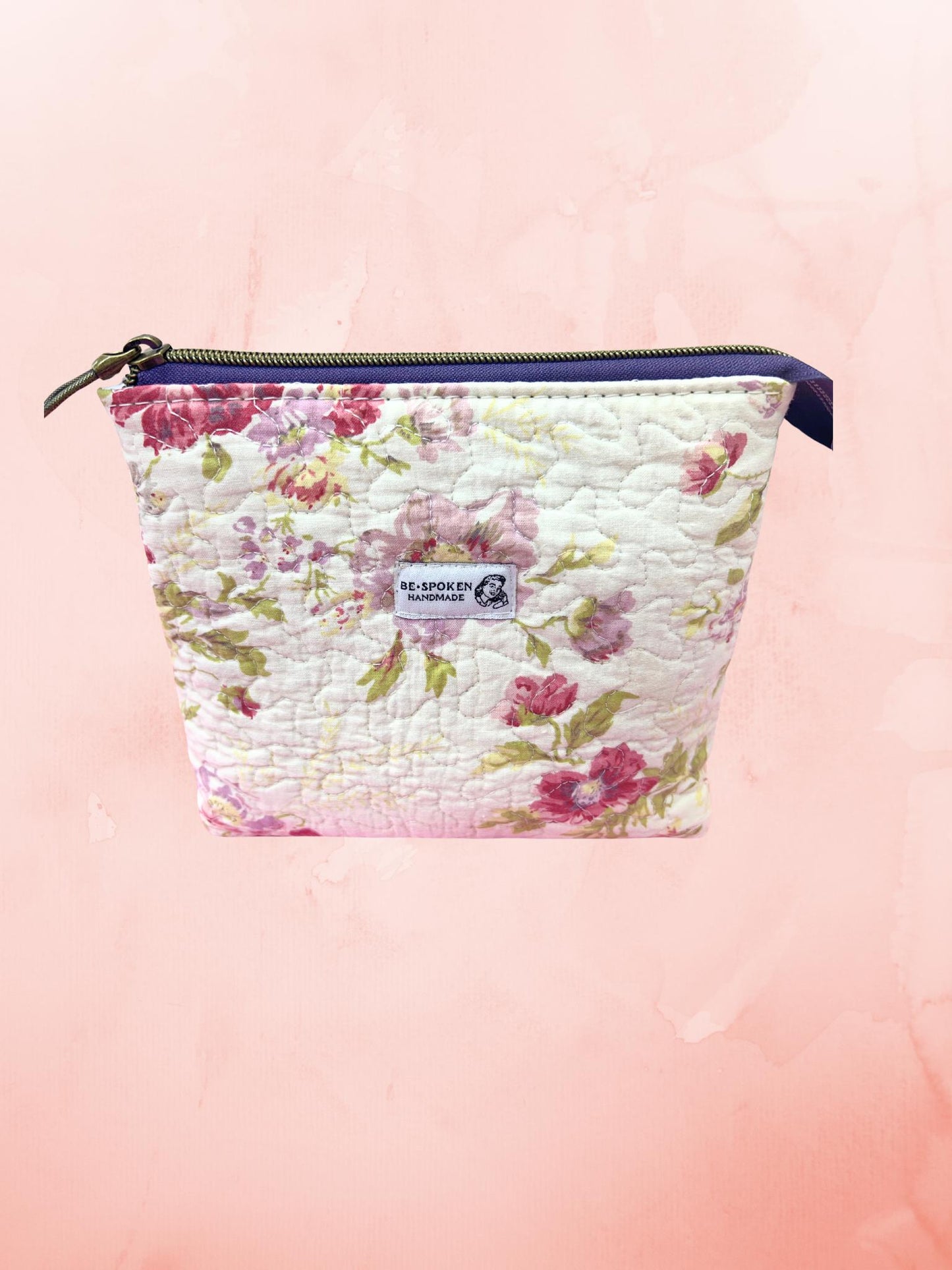 Floral Quilted Zipper Pouch | Handmade Cotton Blend Makeup Bag | Vintage Botanical Cosmetic Bag | Be•Spoken Handmade