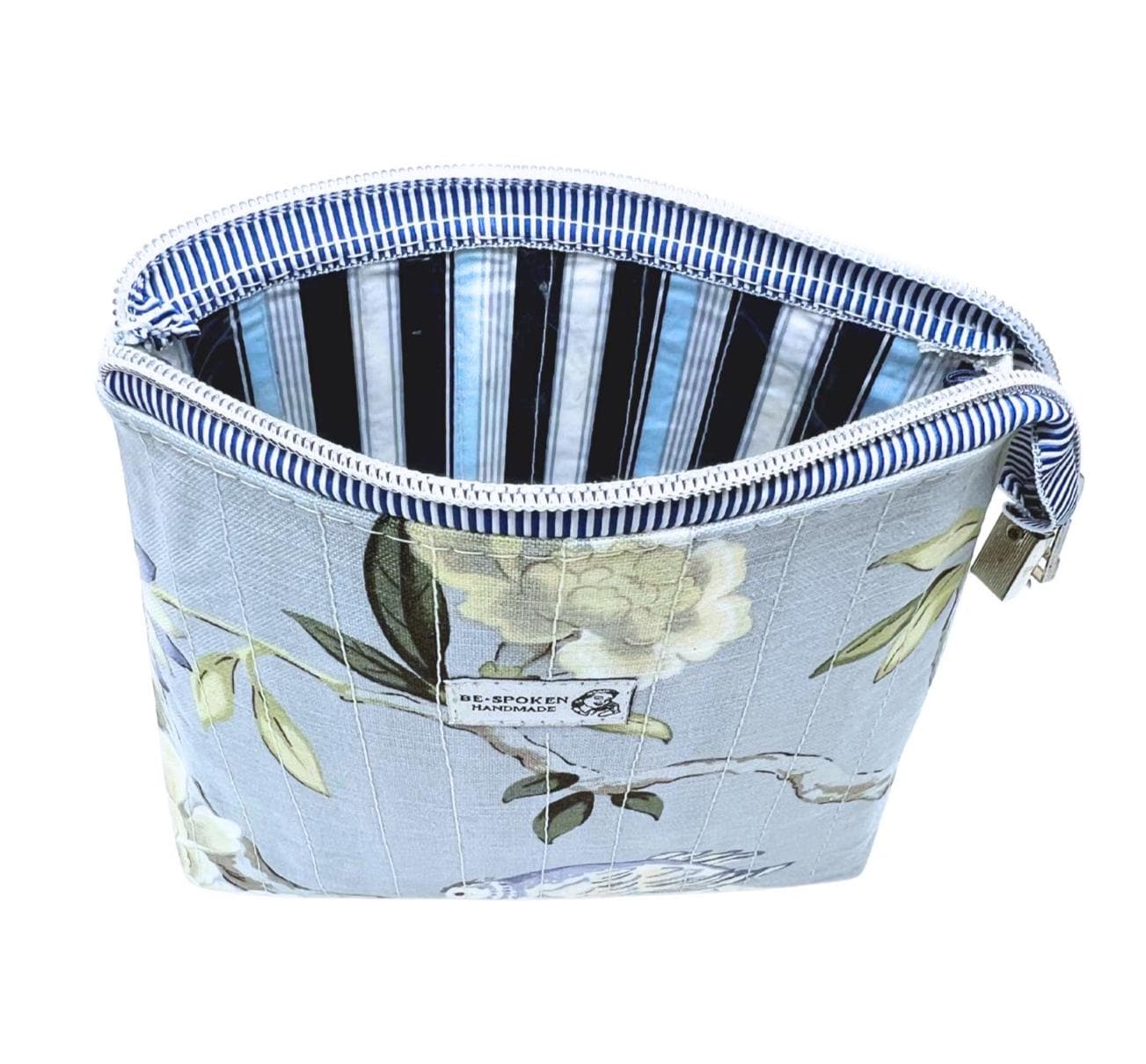 Blue Bird Floral Zipper Pouch | Handmade Makeup Bag | Botanical Bird Cosmetic Bag | Be•Spoken Handmade