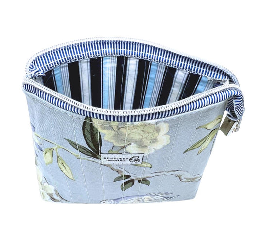 Handmade Blue Floral Zipper Pouch, Women's Bird Botanical Cosmetic Bag with Waterproof Lining, Quilted Make-up Toiletry Kit Gift for Her