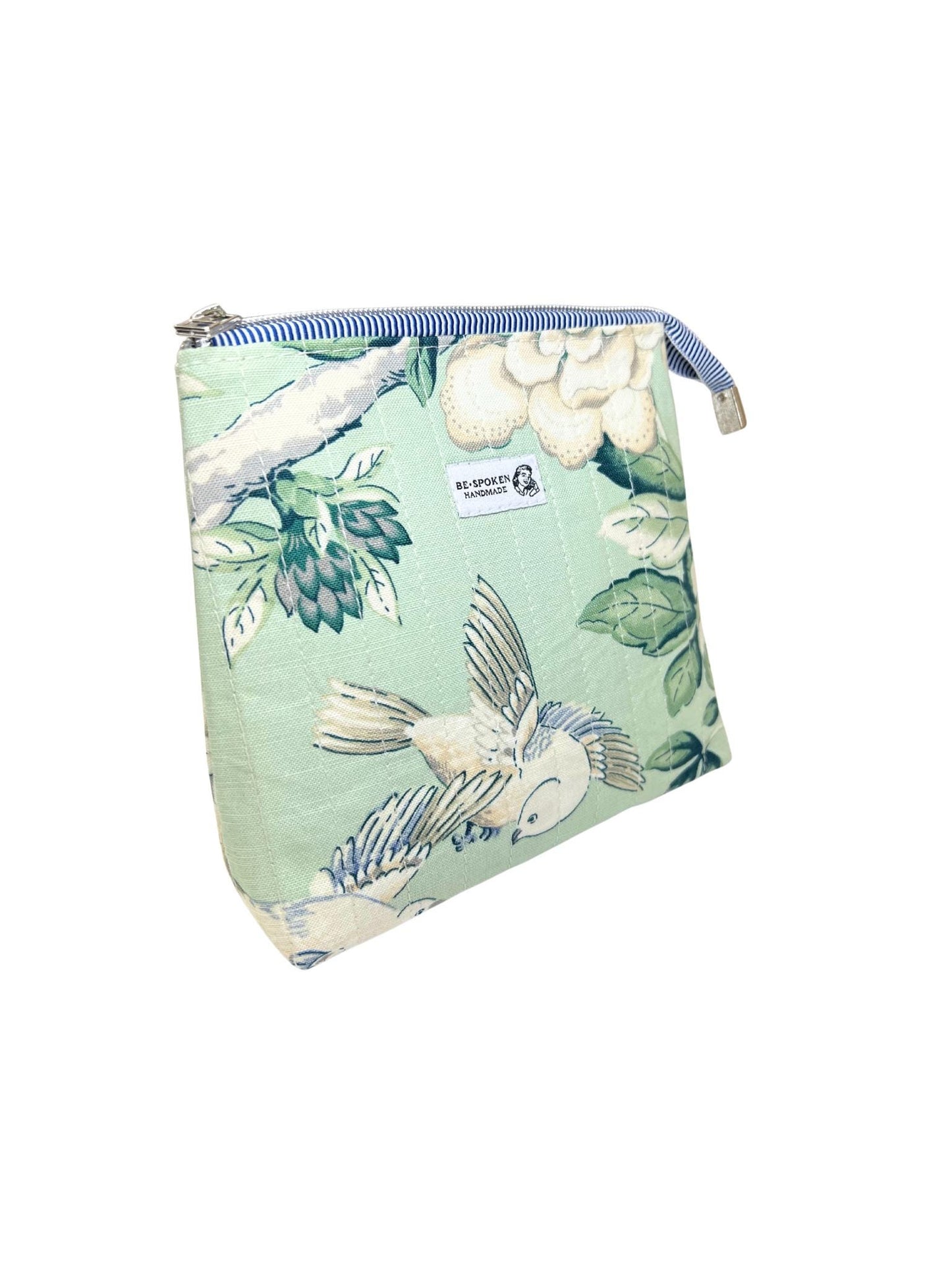 Sage Green Bird Floral Zipper Pouch | Handmade Makeup Bag | Botanical Bird Cosmetic Bag | Be•Spoken Handmade