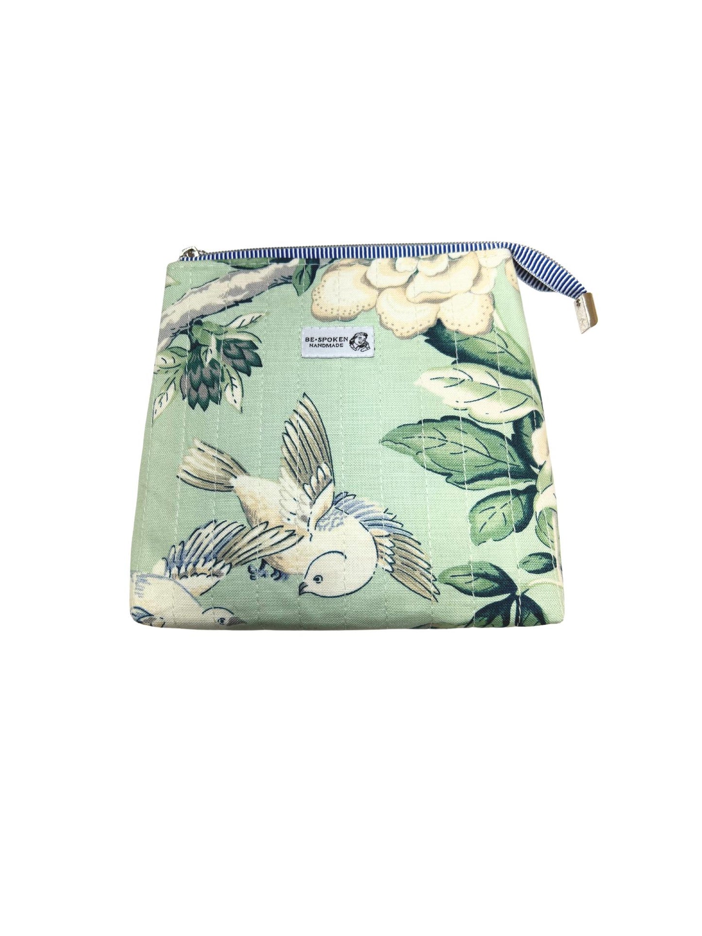 Sage Green Bird Floral Zipper Pouch | Handmade Makeup Bag | Botanical Bird Cosmetic Bag | Be•Spoken Handmade