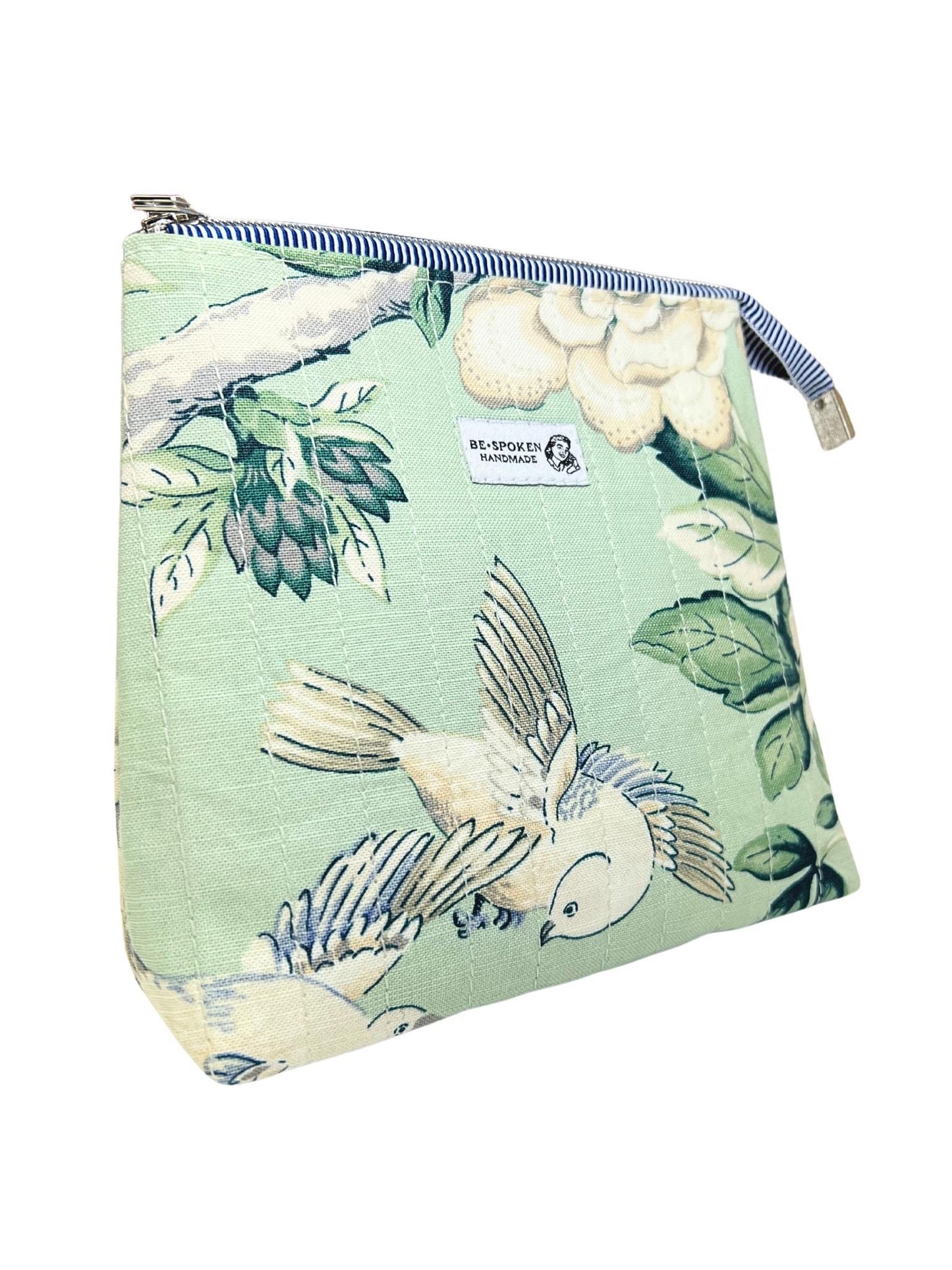 Sage Green Bird Floral Zipper Pouch | Handmade Makeup Bag | Botanical Bird Cosmetic Bag | Be•Spoken Handmade