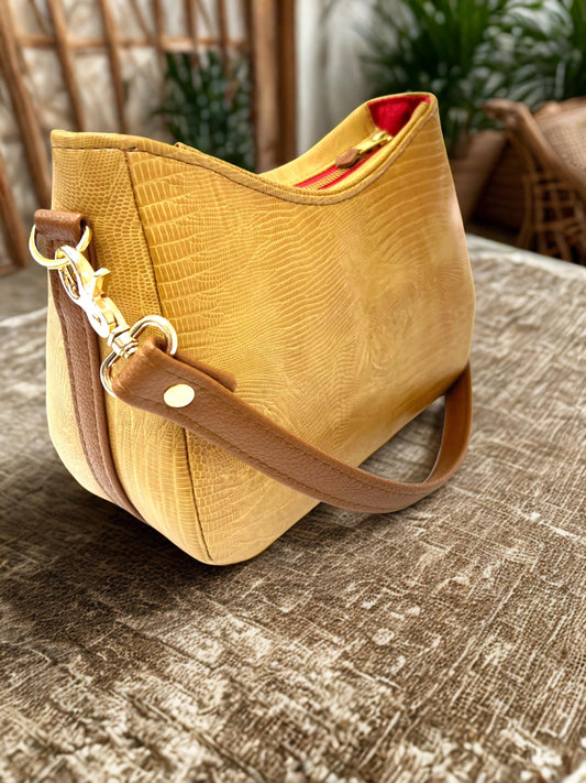 Camel Faux Lizard Leather Shoulder Bag, Modern Structured Handbag