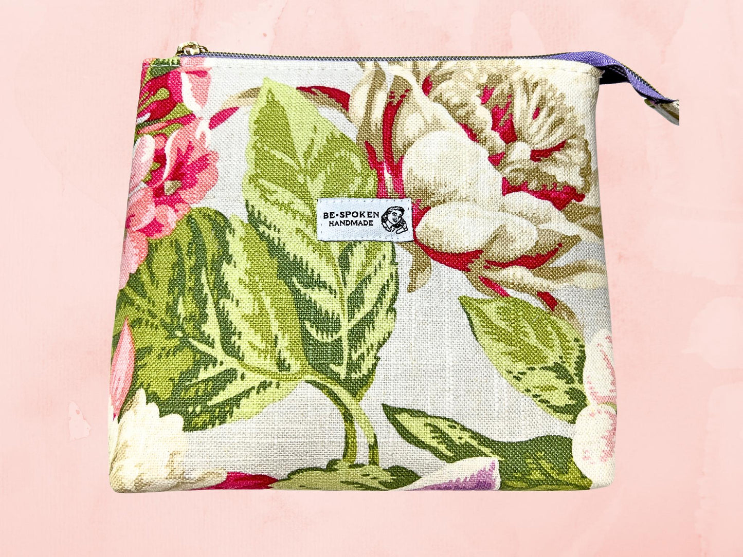 Floral Zipper Pouch | Handmade Linen/Cotton Blend Makeup Bag | Vintage Botanical Cosmetic Bag | Be•Spoken Handmade