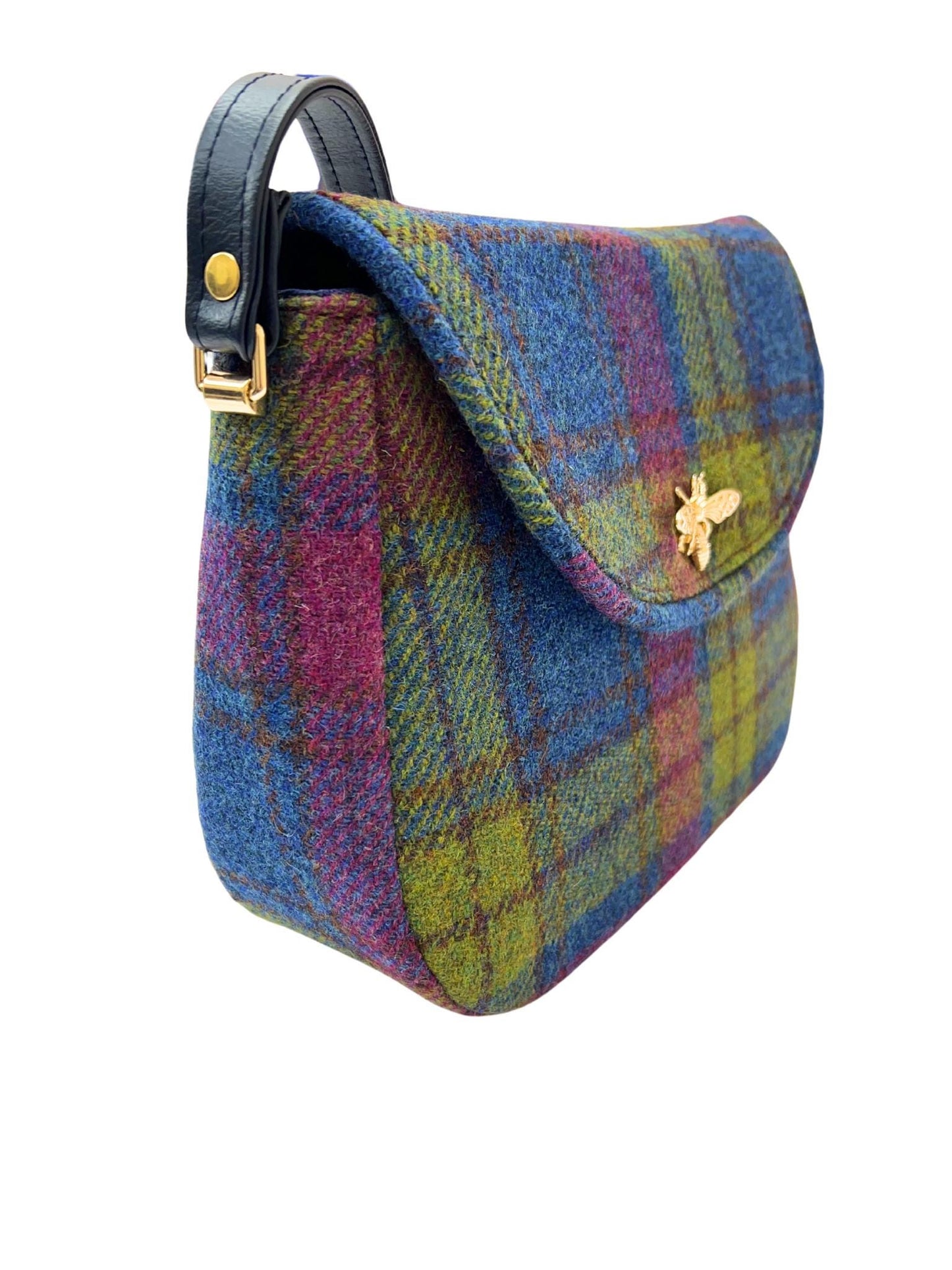 Crossbody Harris Tweed Glenwillow Saddle Bag Purse Denim Blue Raspberry Plaid