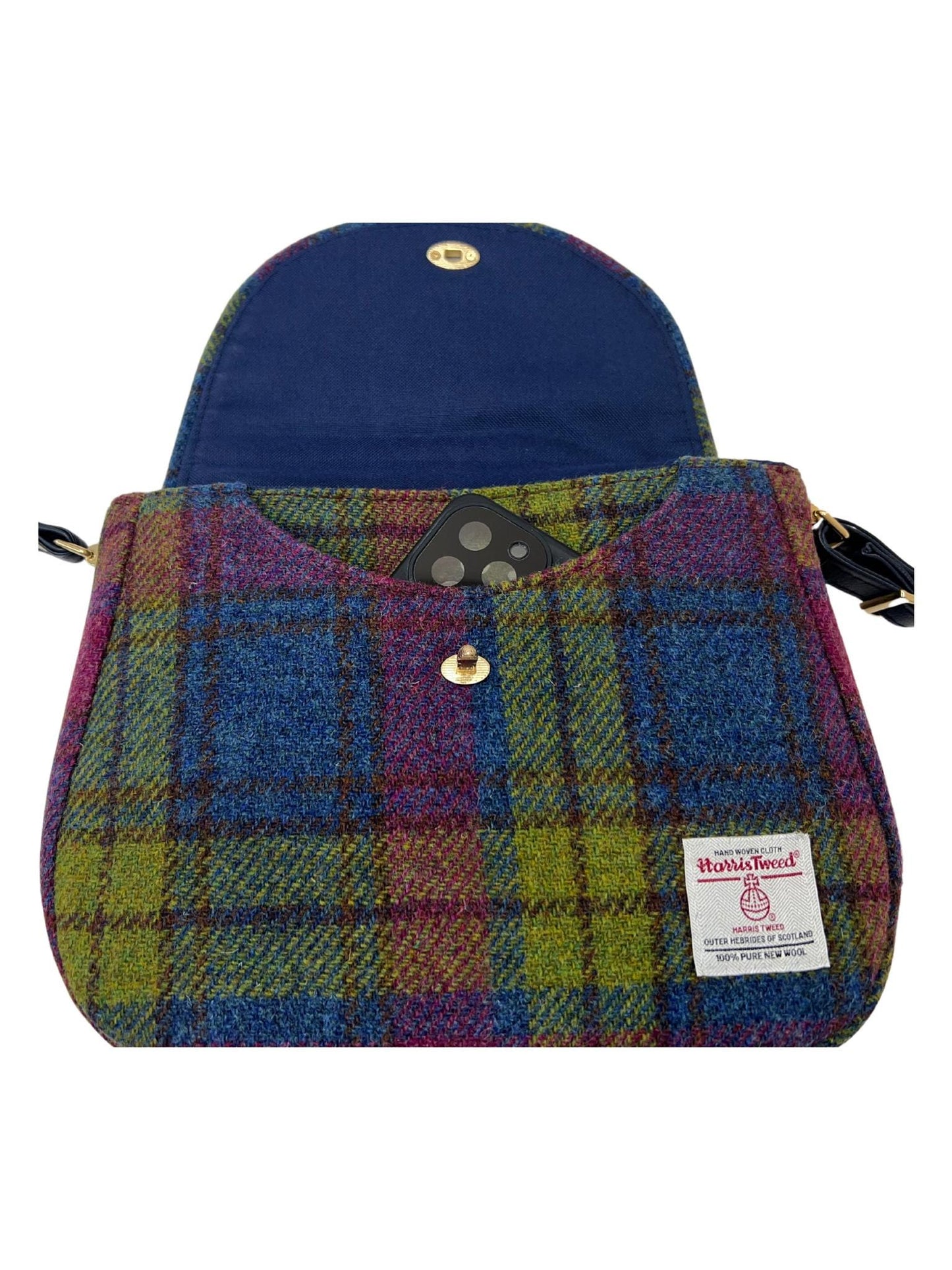 Crossbody Harris Tweed Glenwillow Saddle Bag Purse Denim Blue Raspberry Plaid
