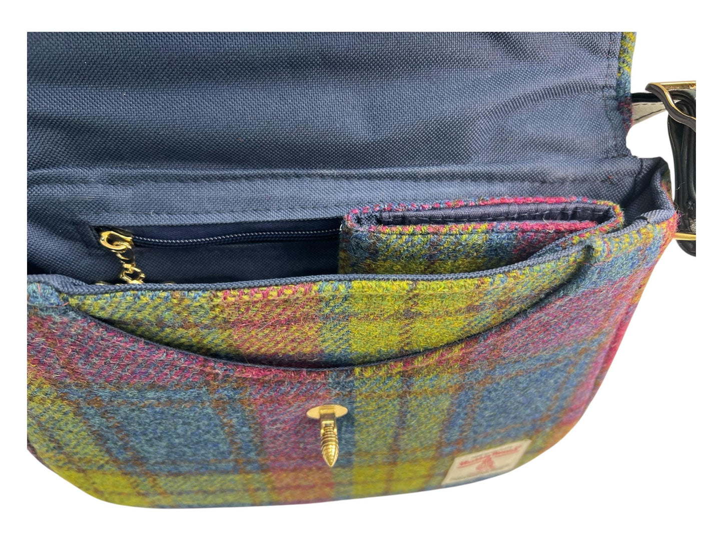 Trifold Harris Tweed Wallet with Magnetic Closure Denim Blue Raspberry Plaid