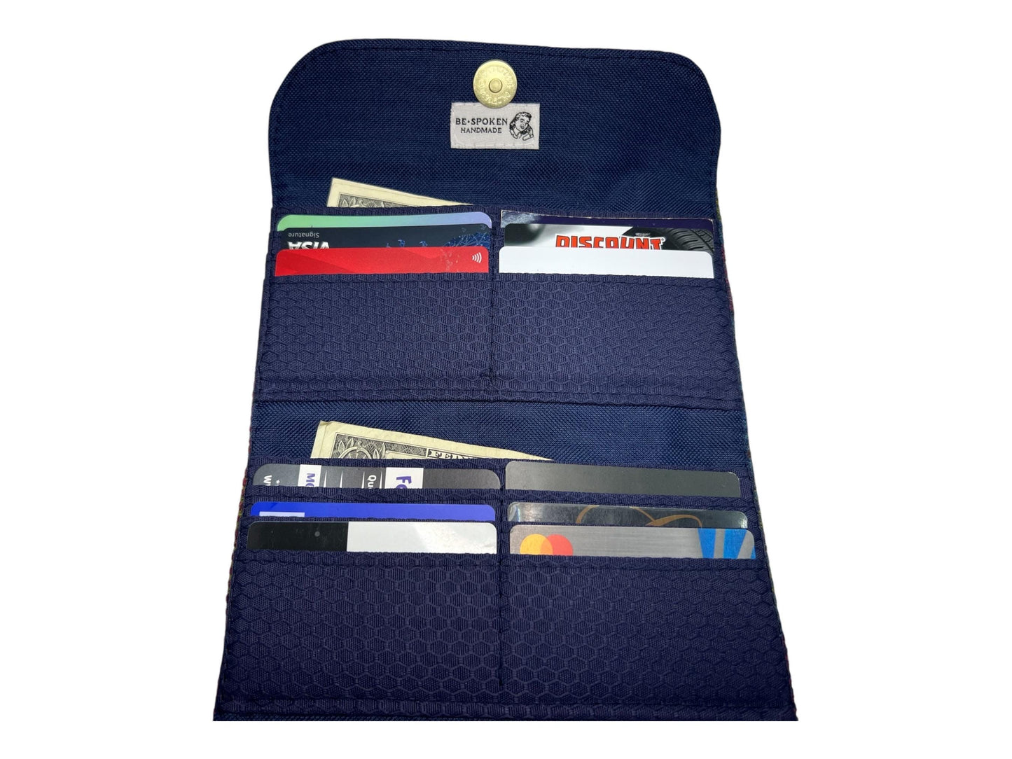 Trifold Harris Tweed Wallet with Magnetic Closure Denim Blue Raspberry Plaid