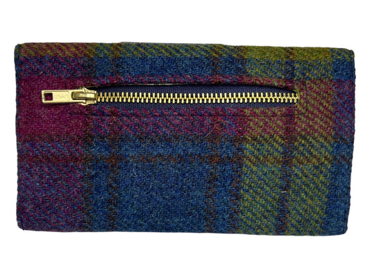 Trifold Harris Tweed Wallet with Magnetic Closure Denim Blue Raspberry Plaid