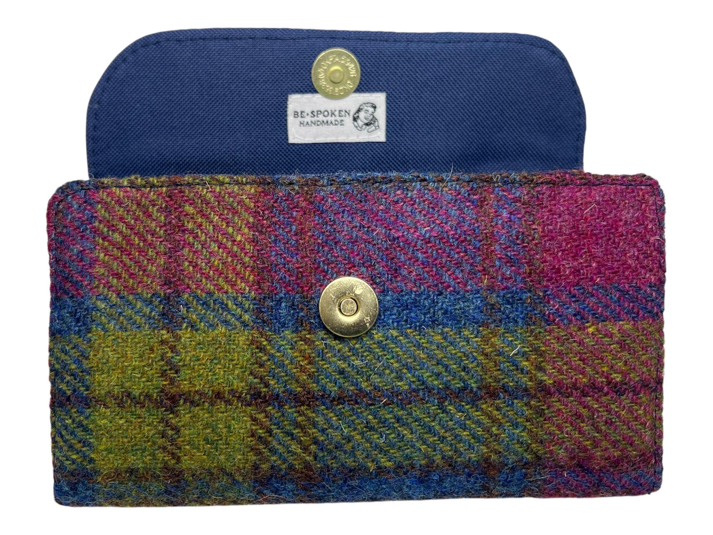 Trifold Harris Tweed Wallet with Magnetic Closure Denim Blue Raspberry Plaid