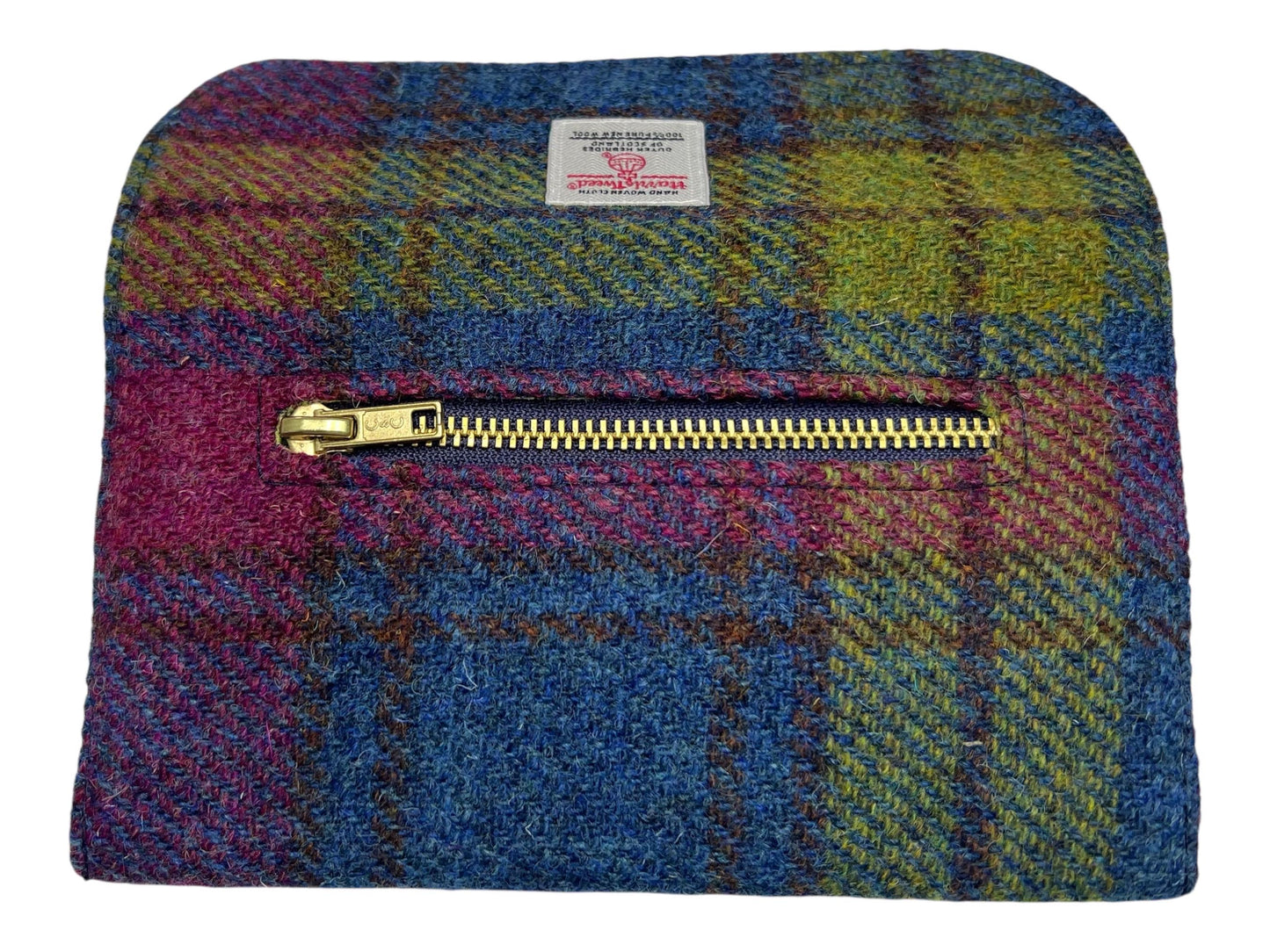 Trifold Harris Tweed Wallet with Magnetic Closure Denim Blue Raspberry Plaid