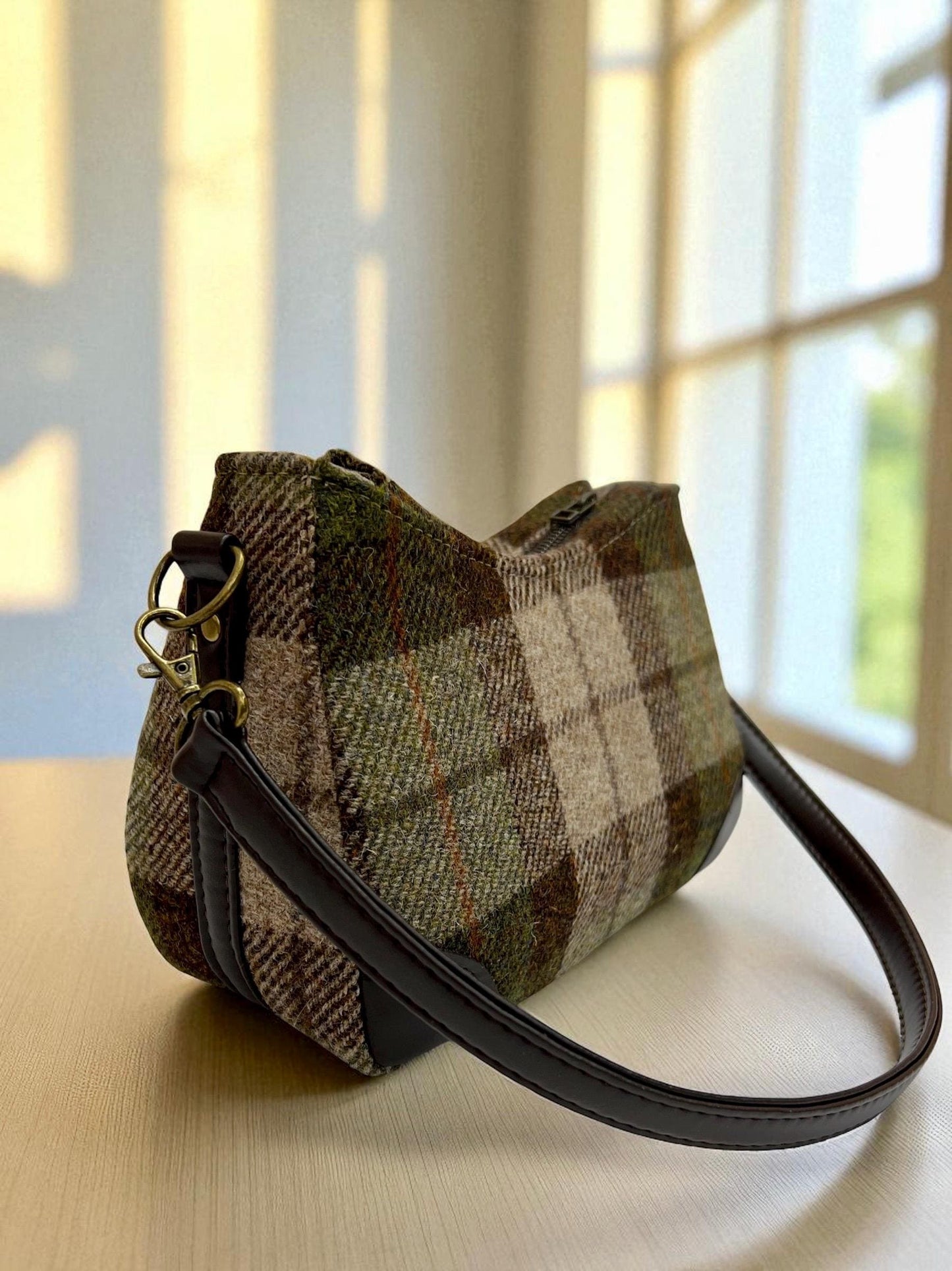 Harris Tweed Shoulder Bag with Detachable Strap Beige Brown Olive Plaid Handbag Fall Fashion Gifts