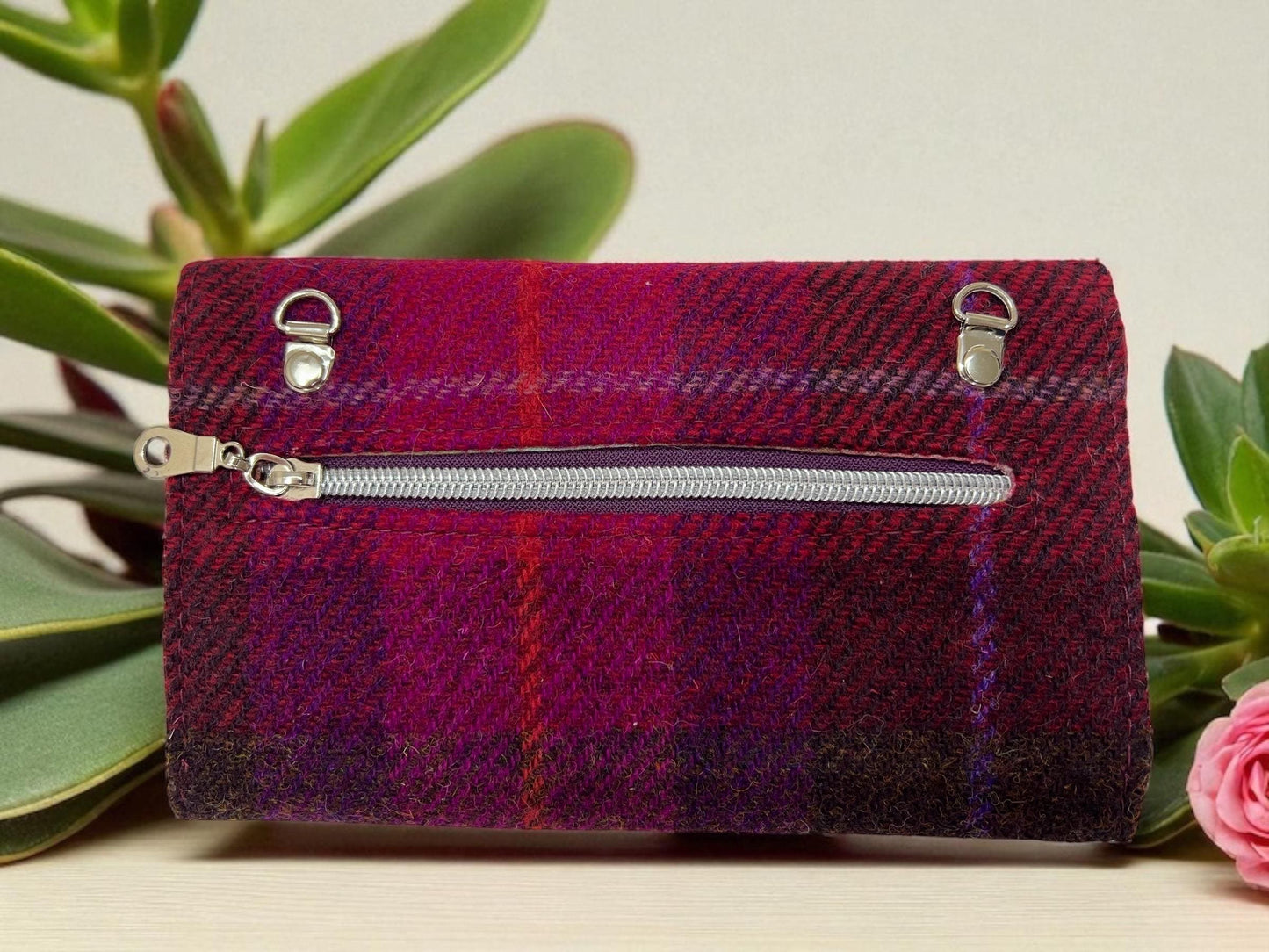 Trifold Harris Tweed Wallet with Gold Twist Lock Closure Cerise