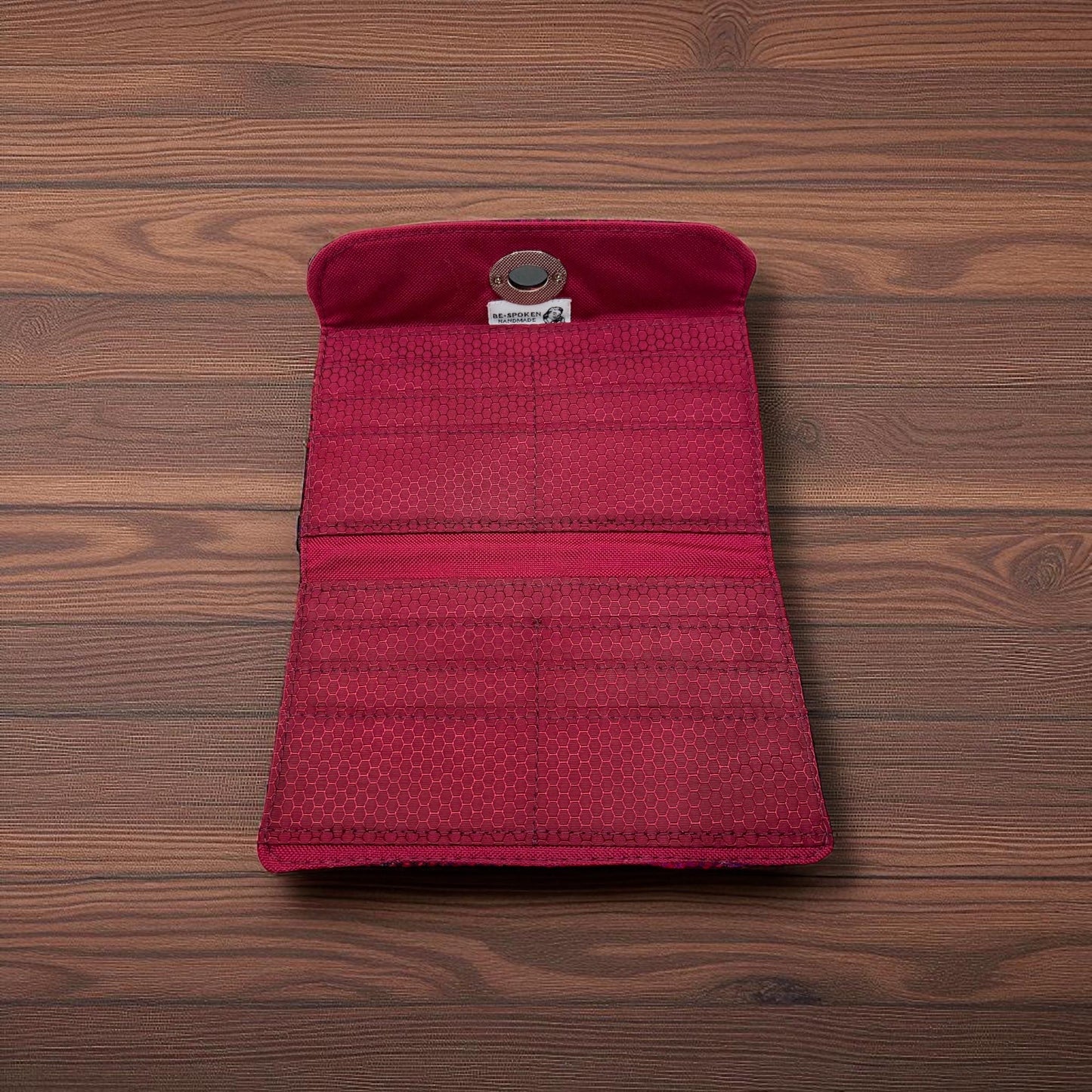 Trifold Harris Tweed Wallet with Gold Twist Lock Closure Cerise