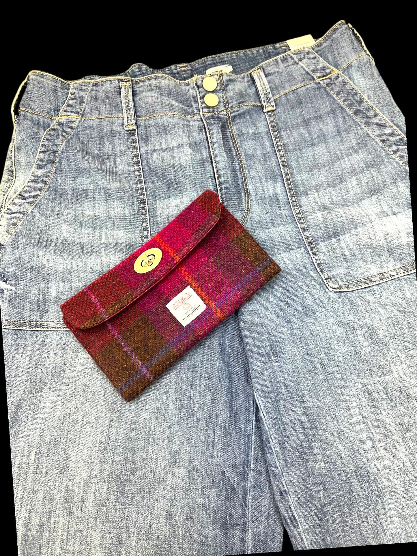 Trifold Harris Tweed Wallet with Gold Twist Lock Closure Cerise