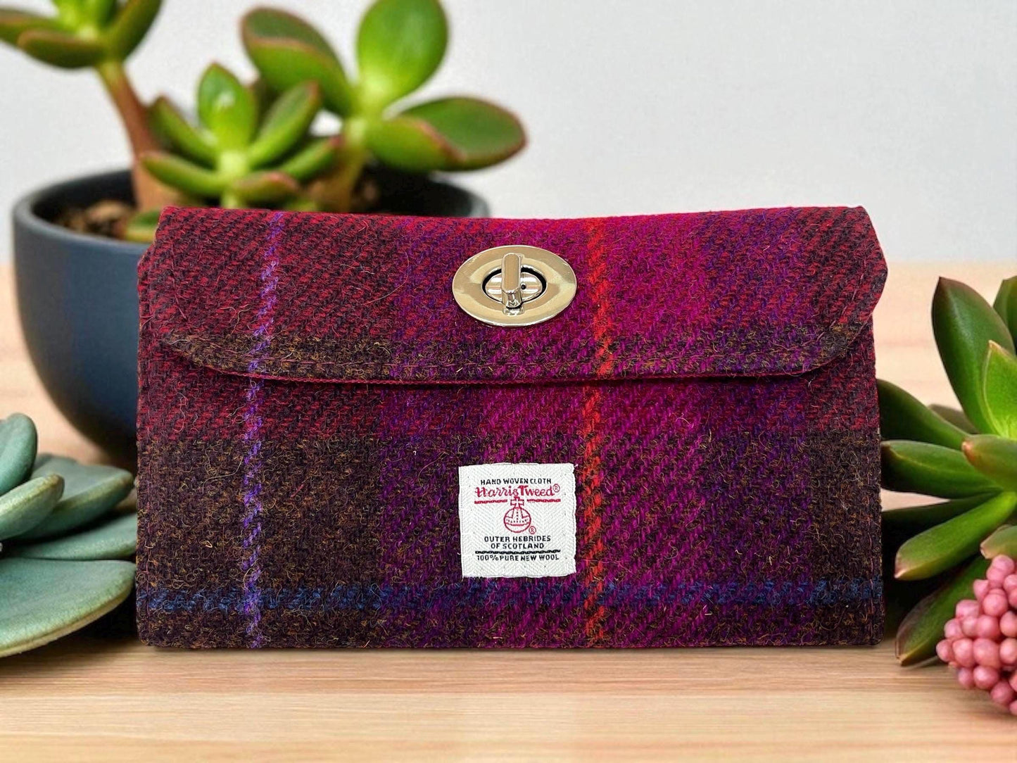 Trifold Harris Tweed Wallet with Gold Twist Lock Closure Cerise