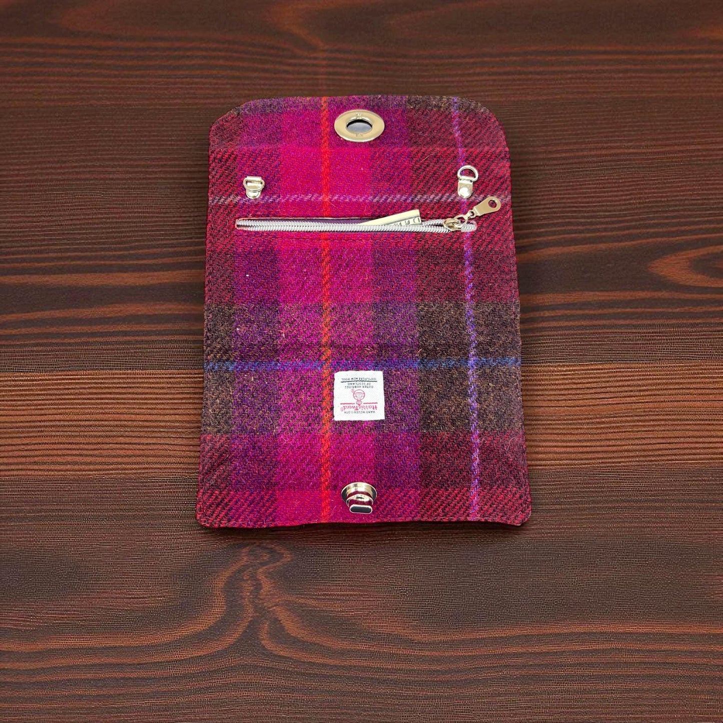 Trifold Harris Tweed Wallet with Gold Twist Lock Closure Cerise