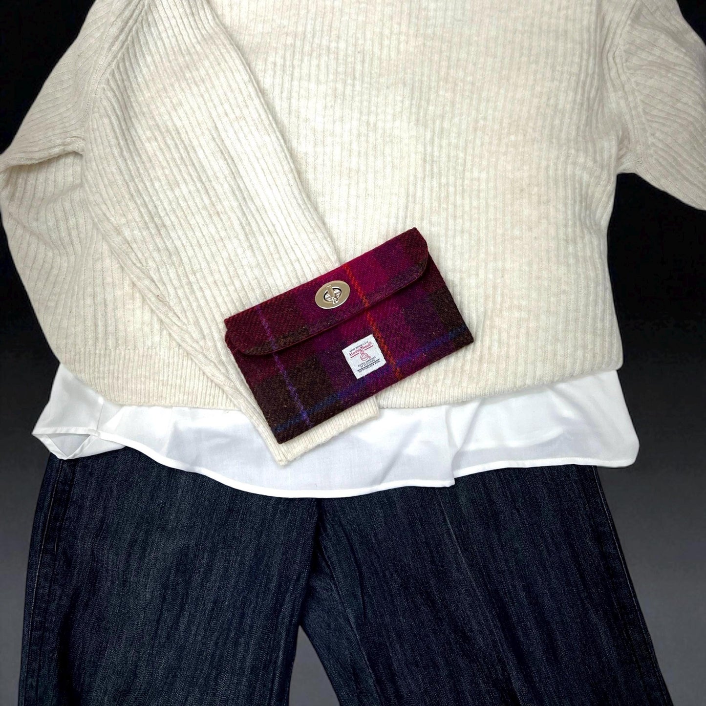 Trifold Harris Tweed Wallet with Gold Twist Lock Closure Cerise