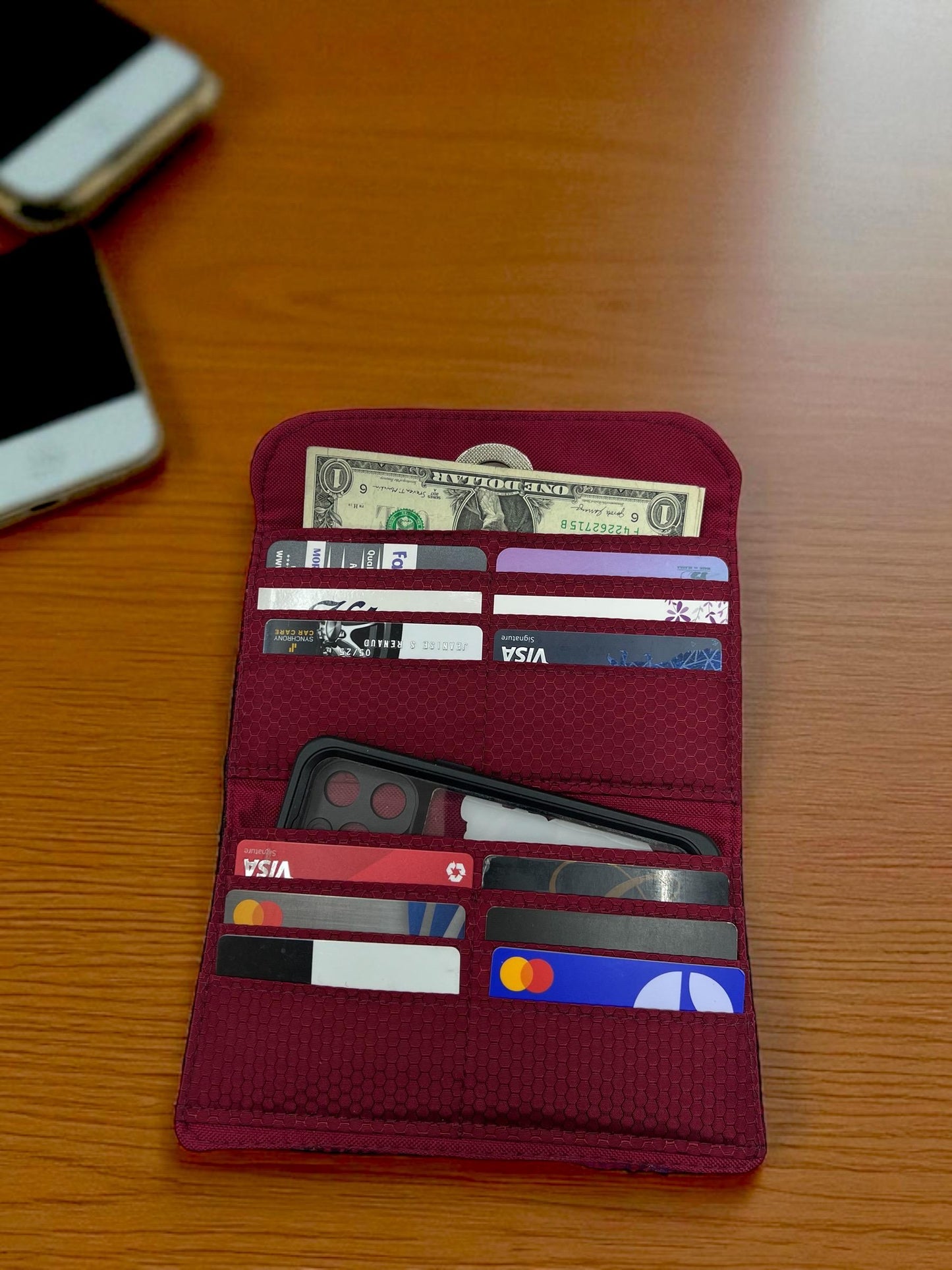 Trifold Harris Tweed Wallet with Gold Twist Lock Closure Cerise