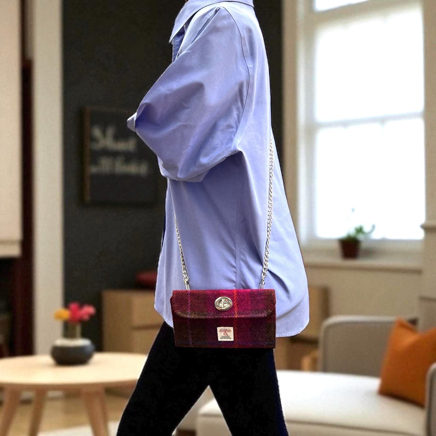 Trifold Harris Tweed Wallet with Gold Twist Lock Closure Cerise