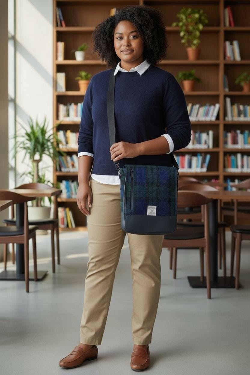 Harris Tweed Crossbody Messenger Bag – Blackwatch Tartan Wool Purse with Adjustable Strap