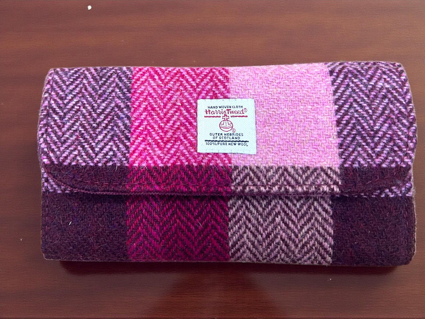 Trifold Harris Tweed Wallet with Magnetic Closure Pink Plaid Herringbone