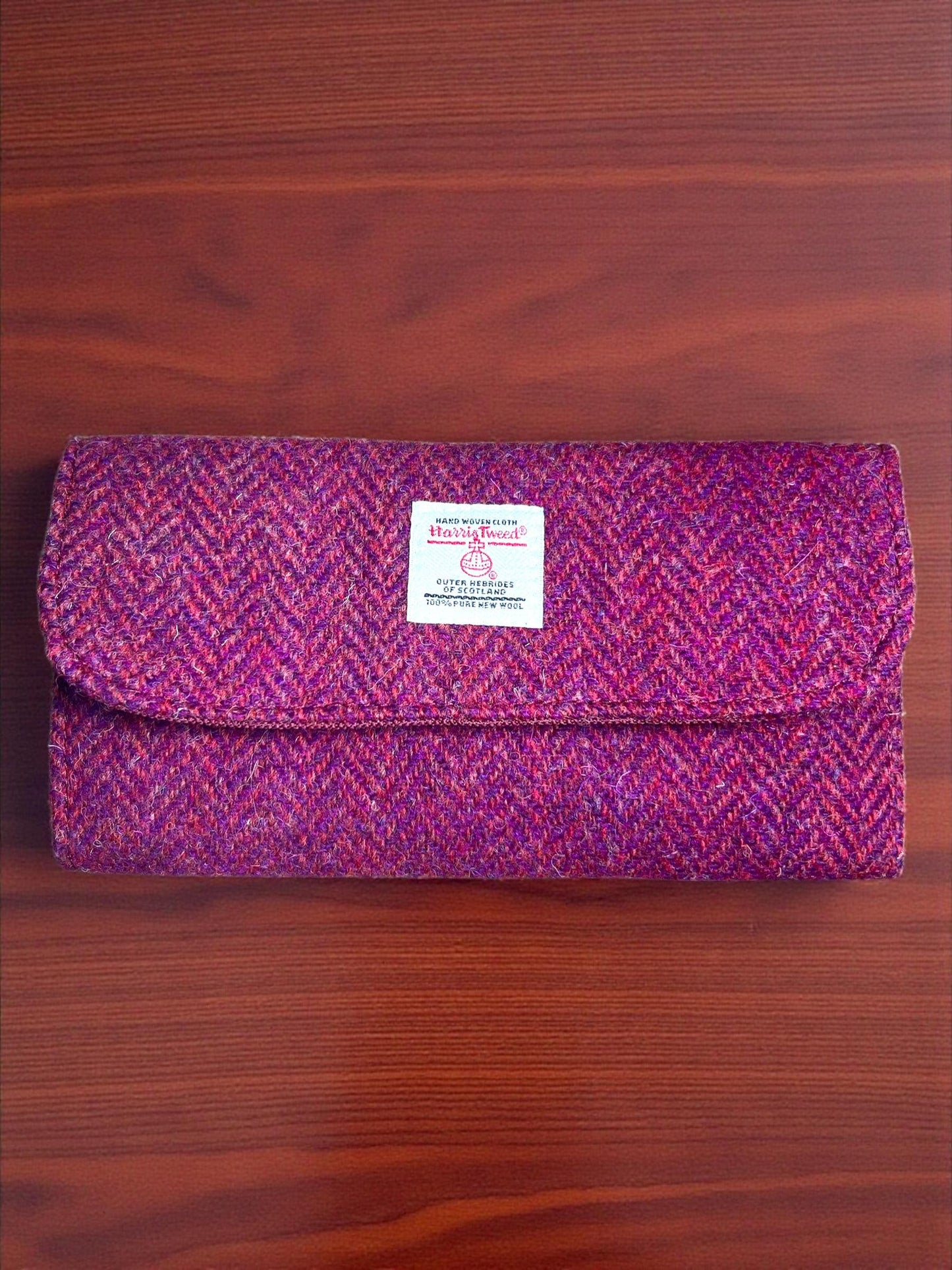 Trifold Harris Tweed Wallet with Magnetic Closure Raspberry Herringbone