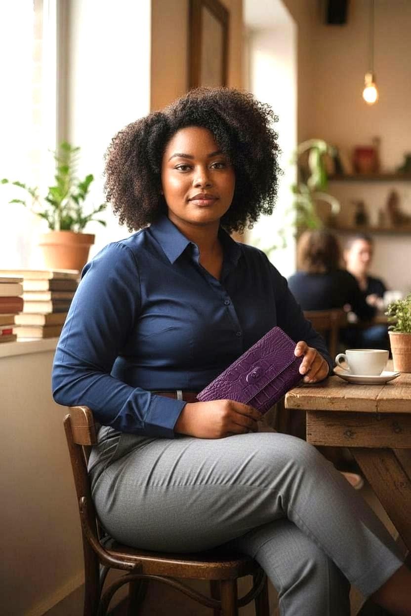 Women's Trifold Wallet with Twist Lock Closure, Purple Faux Croc Clutch, Small Minimalist Dinner HandBag, Animal Print Purse Gift for Her