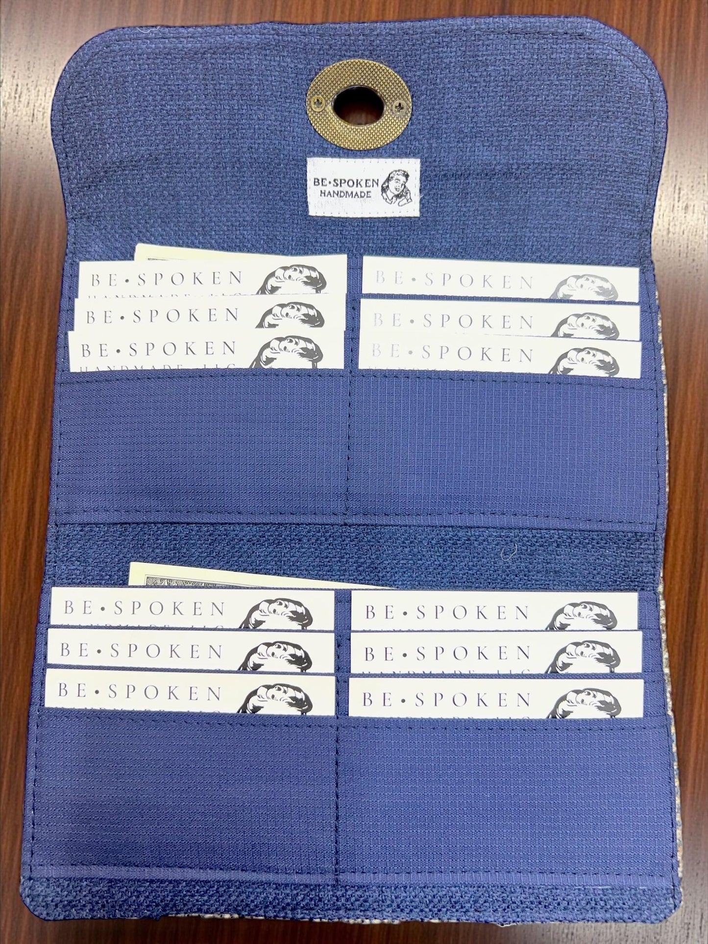 Trifold Harris Tweed Wallet with Twist Lock Closure Beige Slate Blue Herringbone