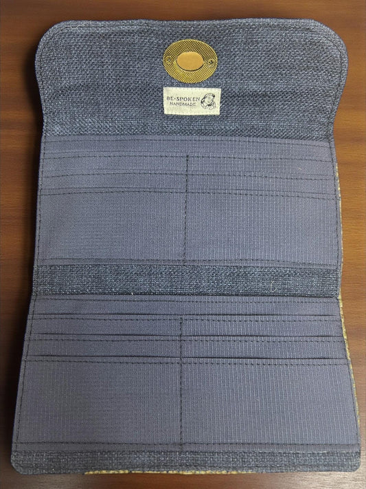 Trifold Harris Tweed Wallet with Twist Lock Closure Beige Slate Blue Herringbone