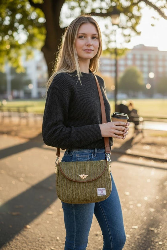 Harris Tweed Saddle Bag, Green Wool Crossbody with Bee Clasp