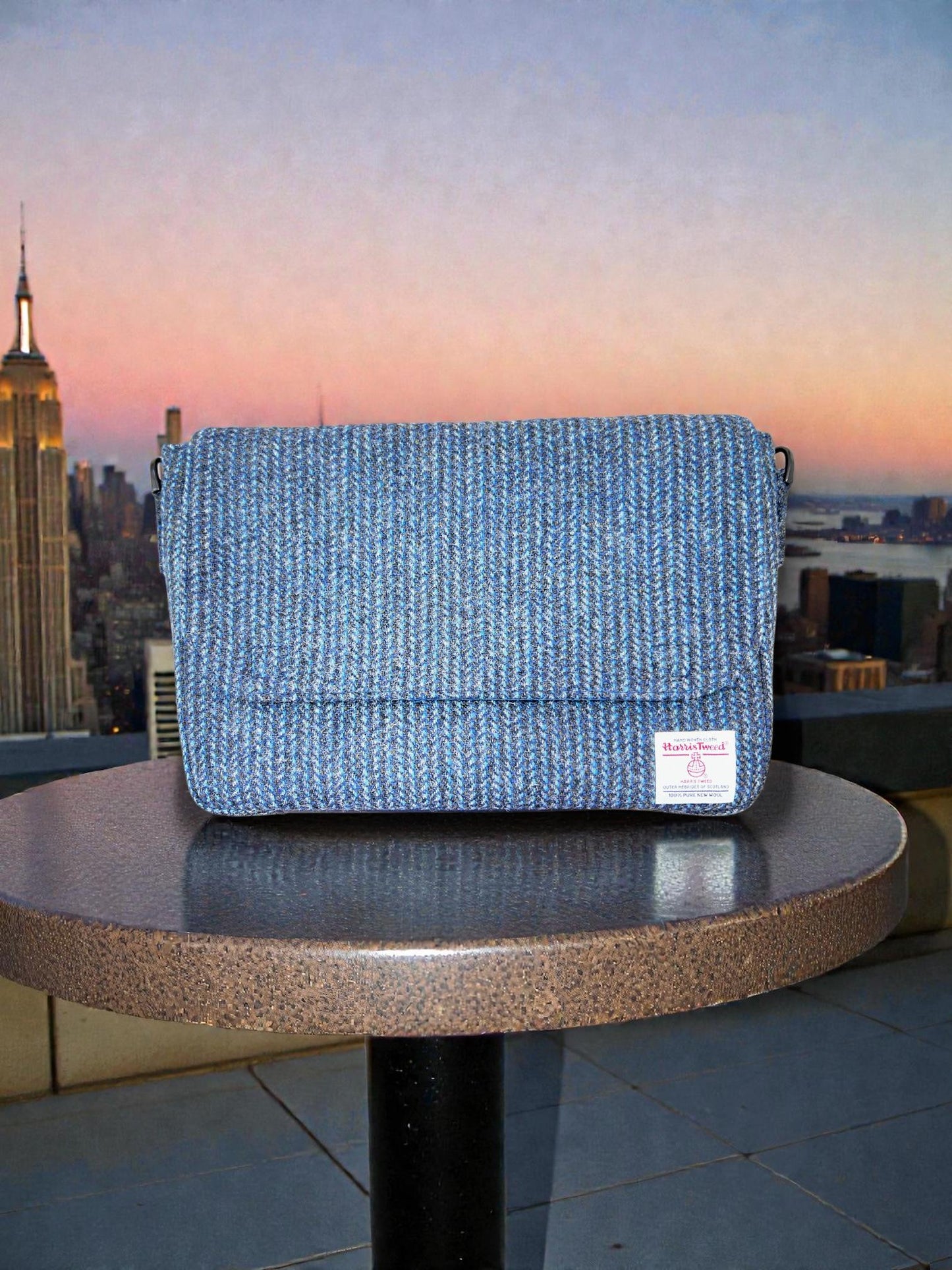 Denim Blue Harris Tweed Leather Messenger Bag, Laptop Satchel Computer Bag