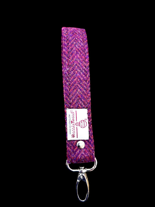 Harris Tweed Key Fob, Raspberry Pink Purple Herringbone Wristlet Strap