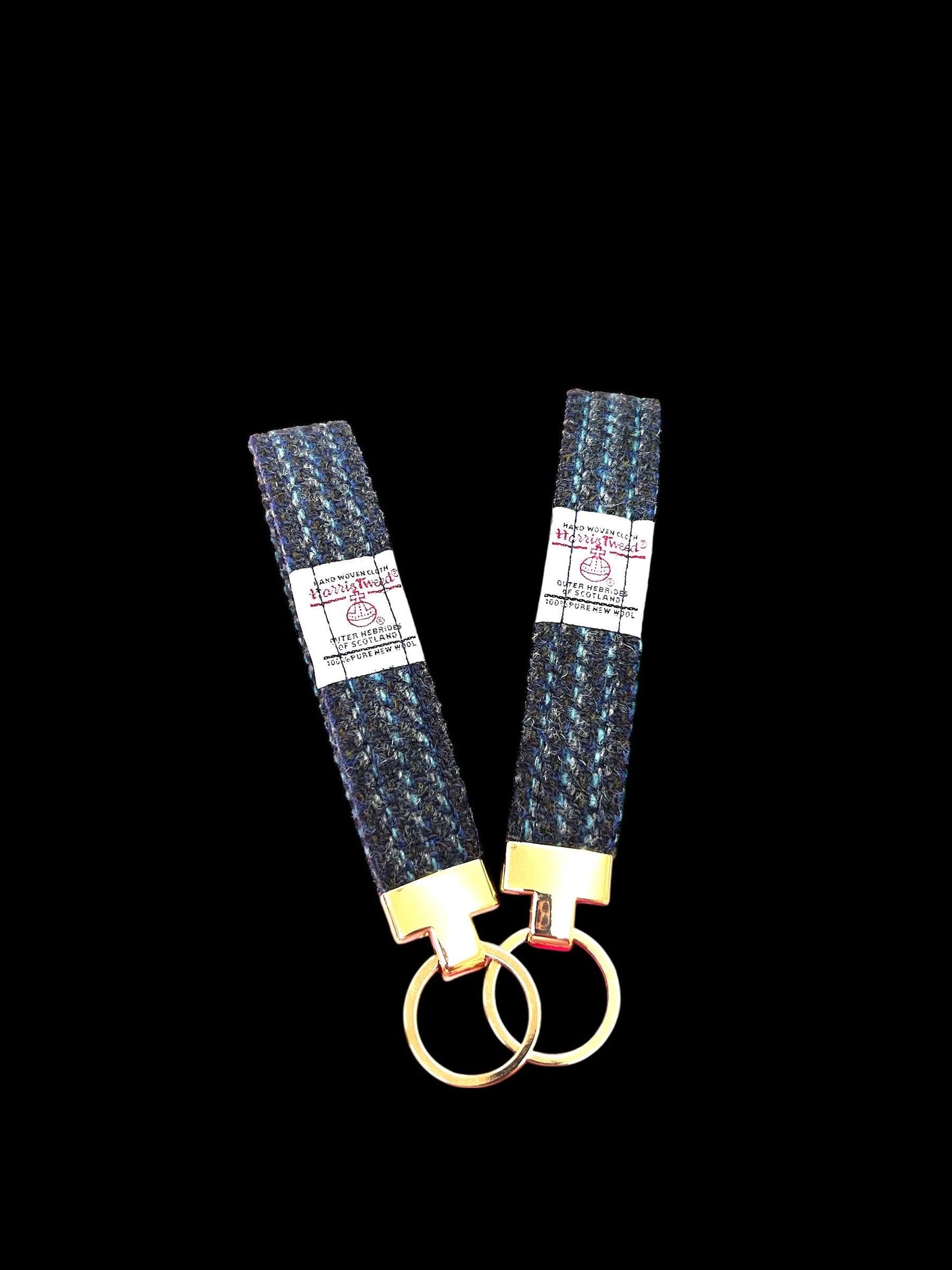 Harris Tweed Key Fob, Denim Light Blue Stripe Wristlet Strap