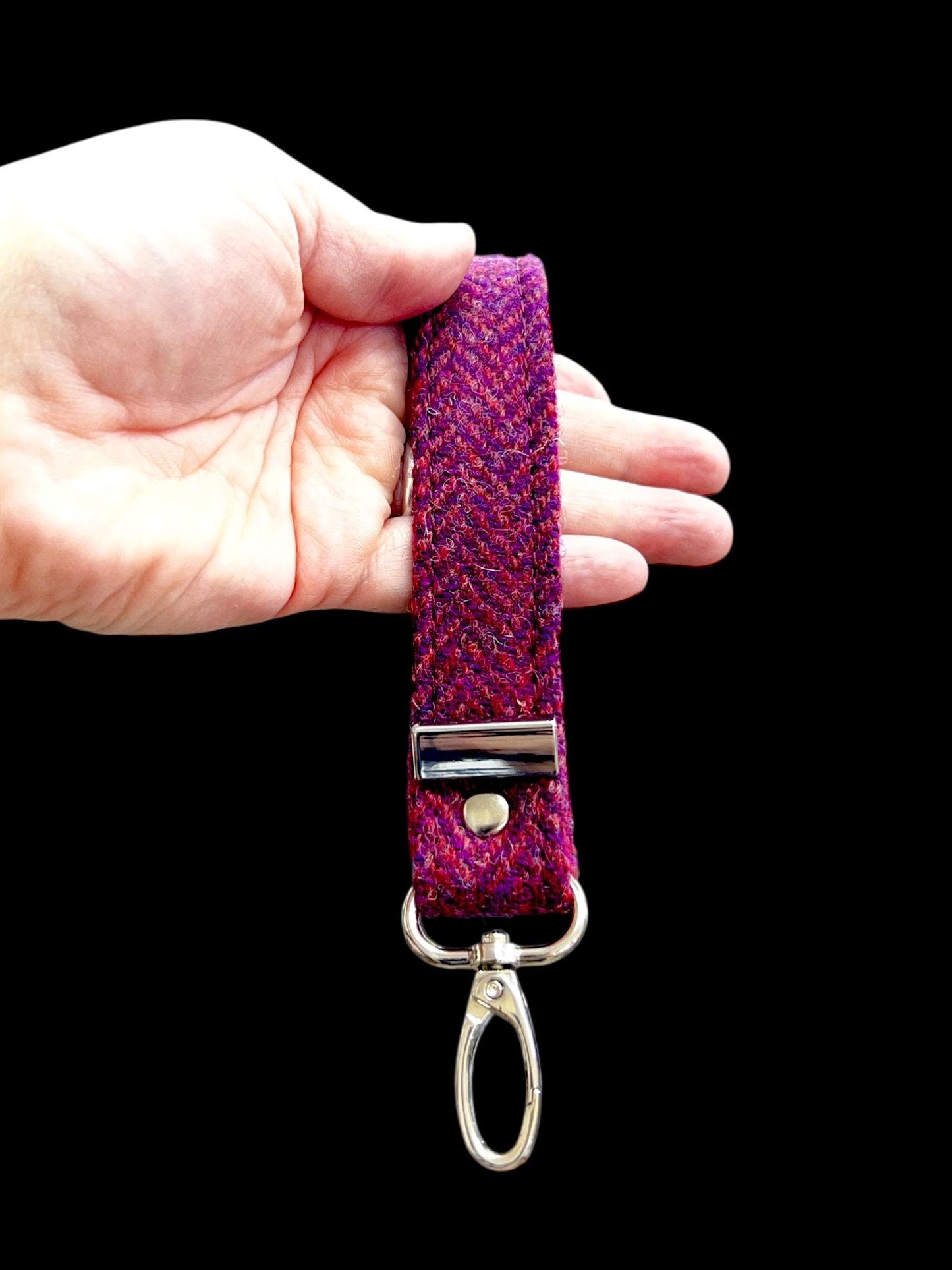 Harris Tweed Key Fob, Raspberry Pink Purple Herringbone Wristlet Strap