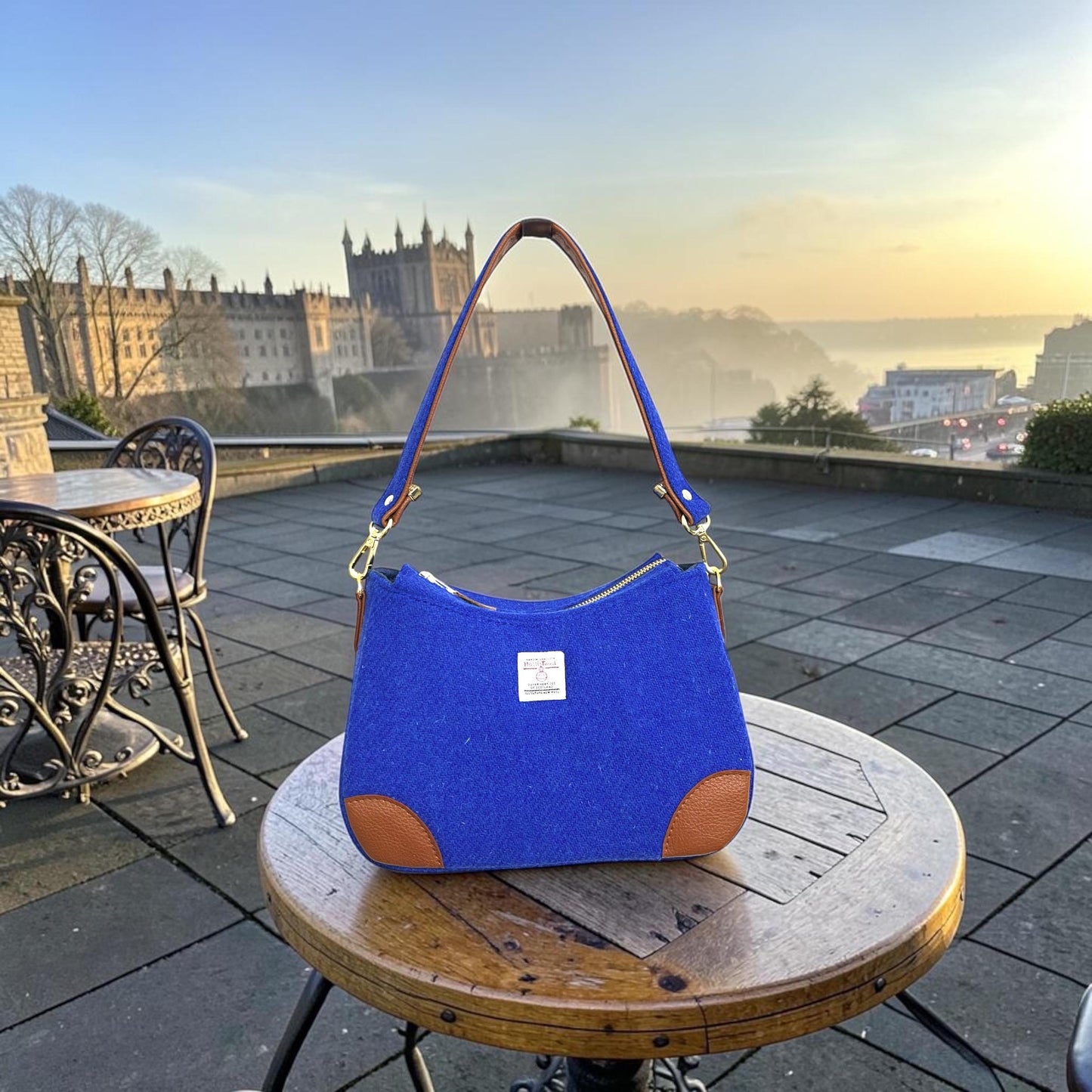 Harris Tweed Shoulder Bag: Two Tone Faux Leather Strap Purse Kentucky Royal Blue