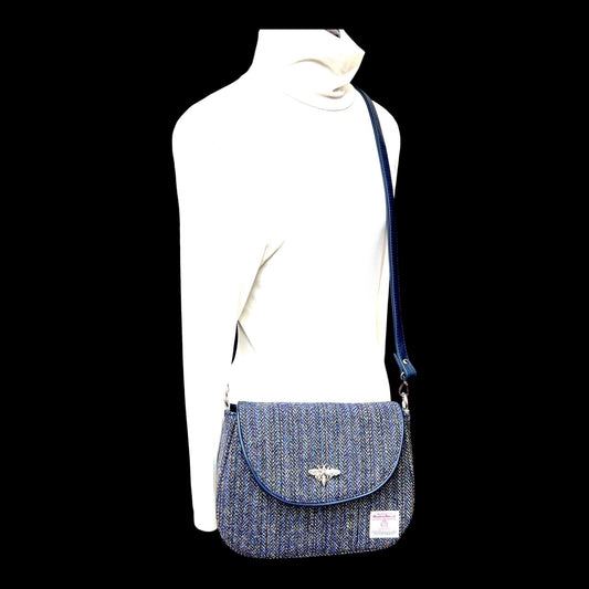Harris Tweed Saddle Bag Crossbody, Navy Indigo Stripe with Bee Clasp