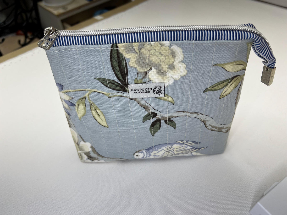 Handmade Blue Floral Zipper Pouch, Women's Bird Botanical Cosmetic Bag with Waterproof Lining, Quilted Make-up Toiletry Kit Gift for Her