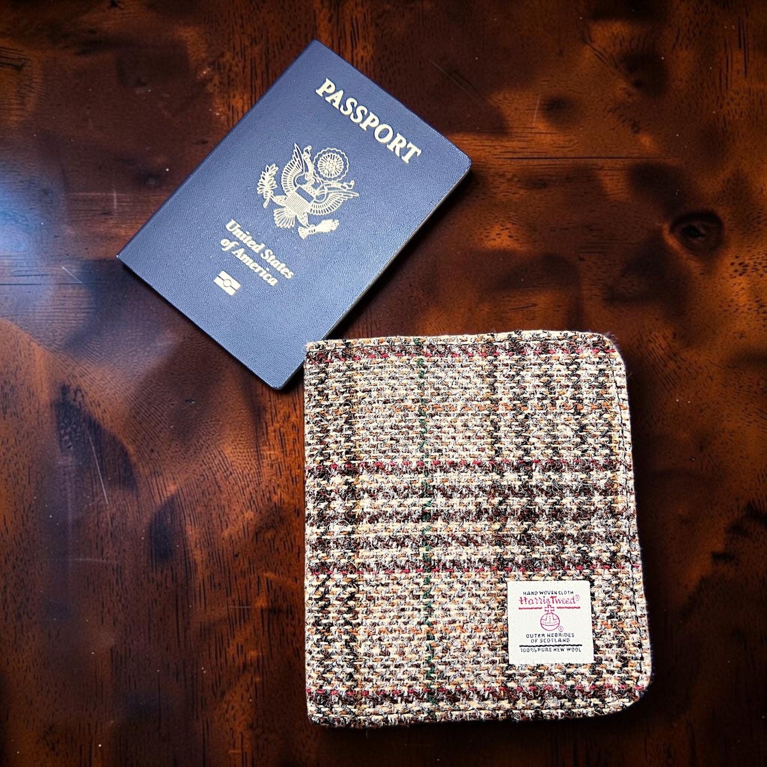 Harris Tweed Passport Cover with Credit Card Slots Brown Check