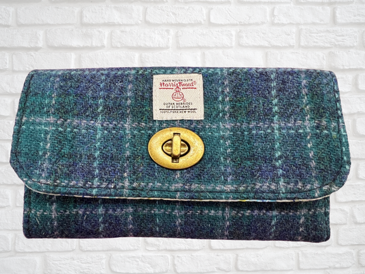Trifold Harris Tweed Wallet with Twist Lock Closure Blue Plaid