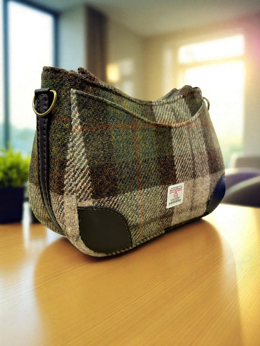 Harris Tweed Shoulder Bag with Detachable Strap Beige Brown Olive Plaid Handbag Fall Fashion Gifts