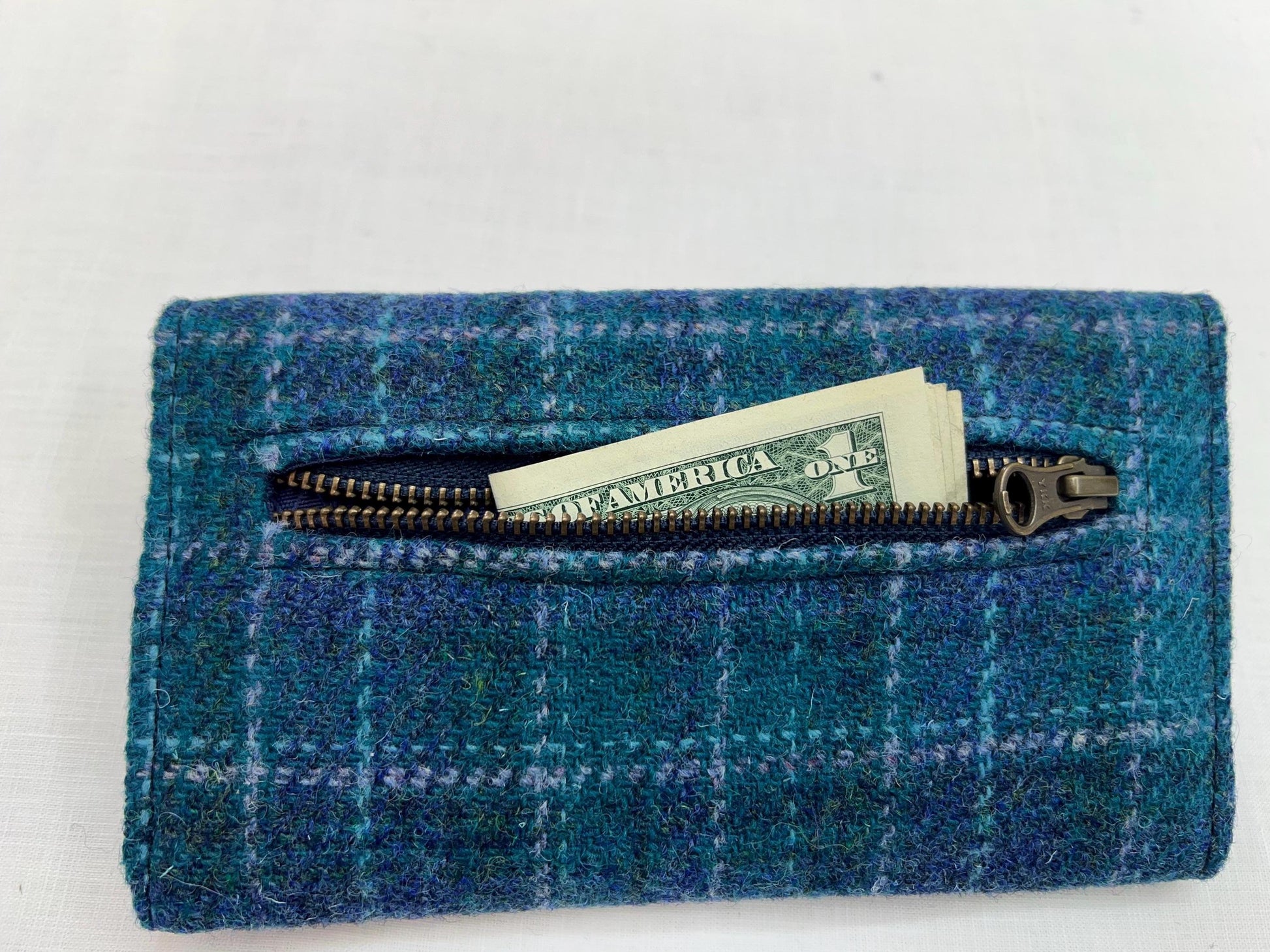 Trifold Harris Tweed Wallet with Twist Lock Closure Blue Plaid