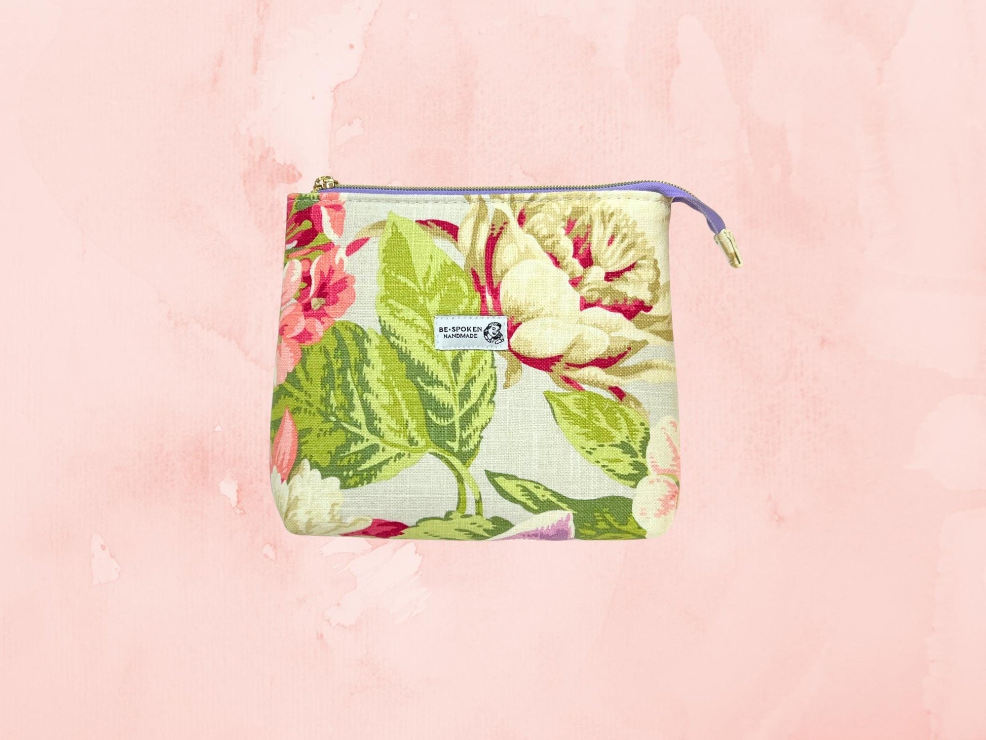 Floral Zipper Pouch | Handmade Linen/Cotton Blend Makeup Bag | Vintage Botanical Cosmetic Bag | Be•Spoken Handmade